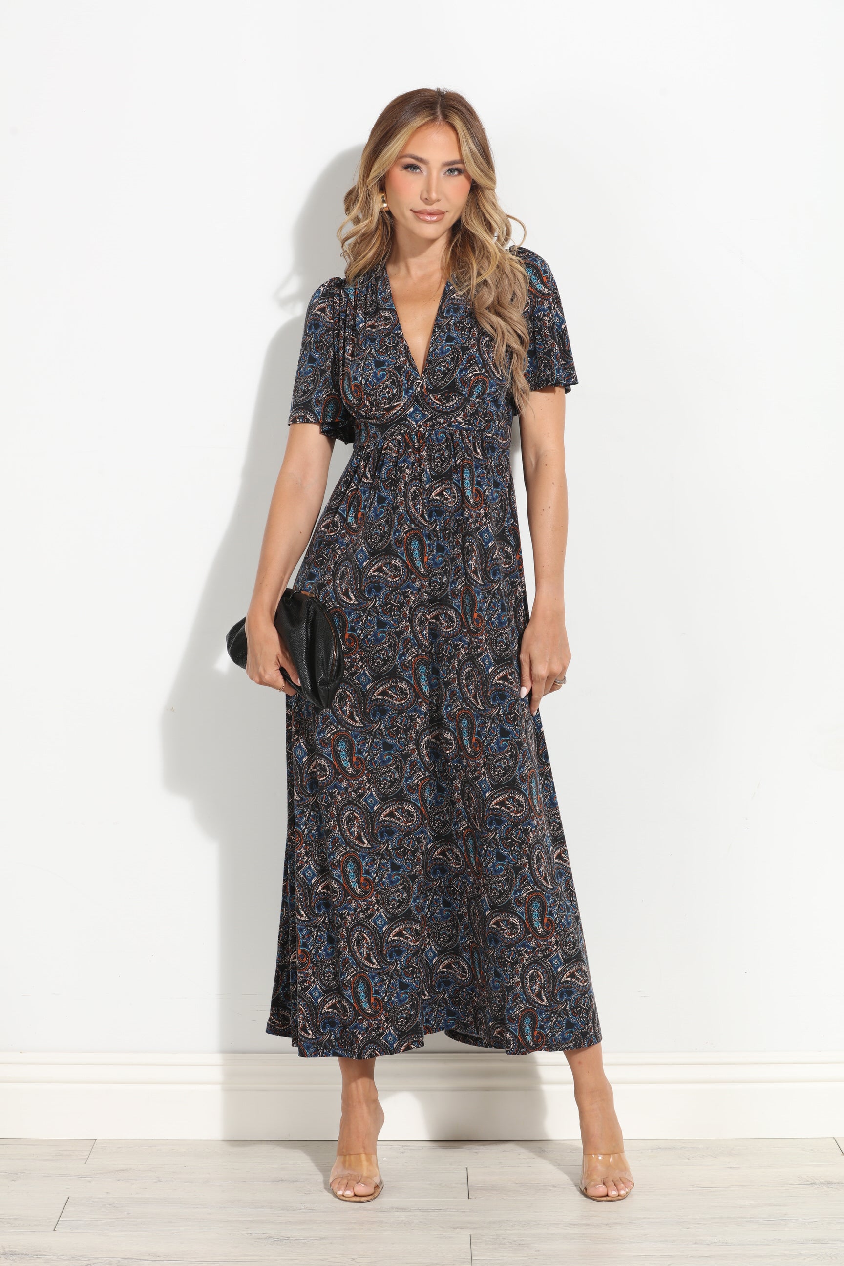 Alona Stretch Deep V Flutter Sleeve Maxi Dress-BEST SELLER