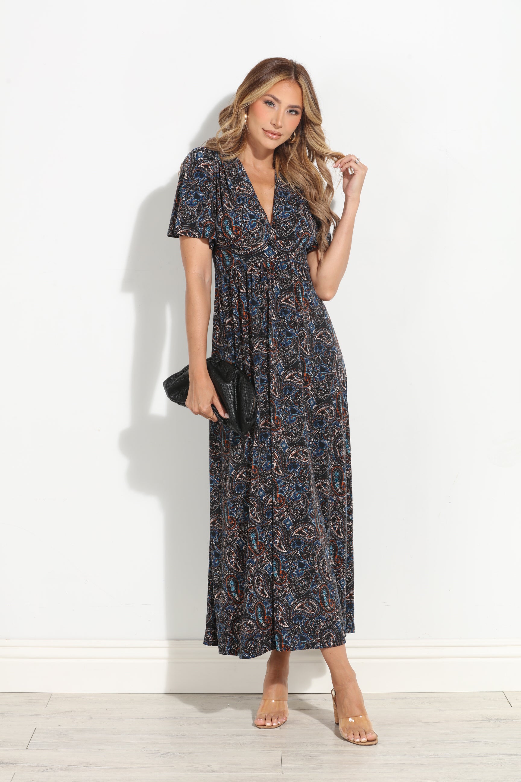 Alona Stretch Deep V Flutter Sleeve Maxi Dress-BEST SELLER