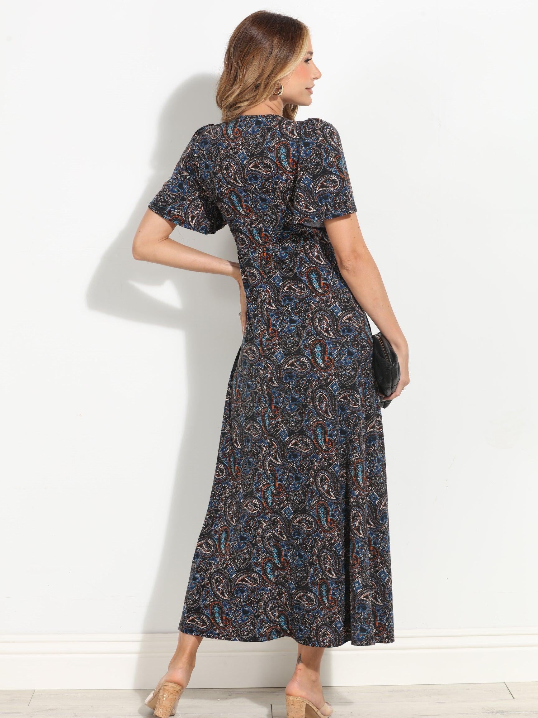 Alona Stretch Deep V Flutter Sleeve Maxi Dress-BEST SELLER