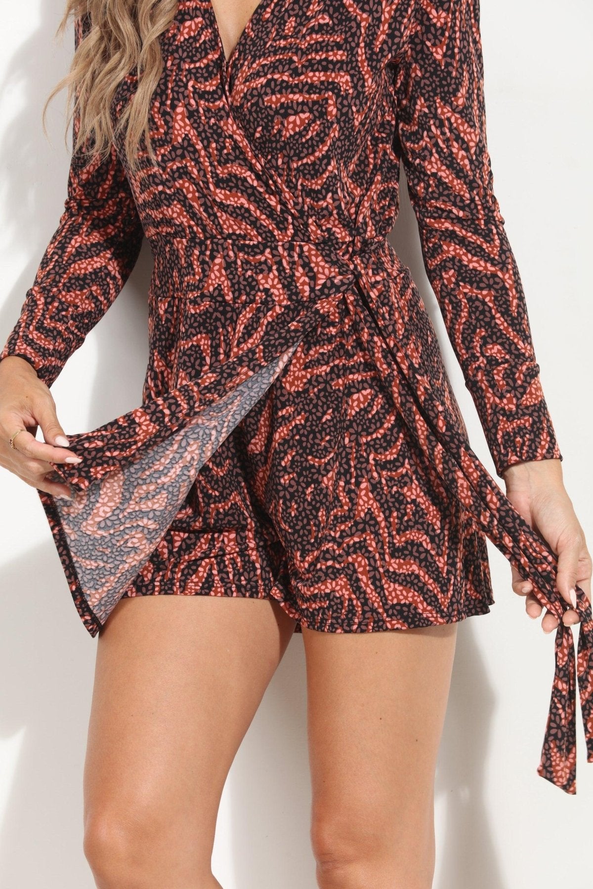 Brenda Stretch Faux Wrap Skort Romper