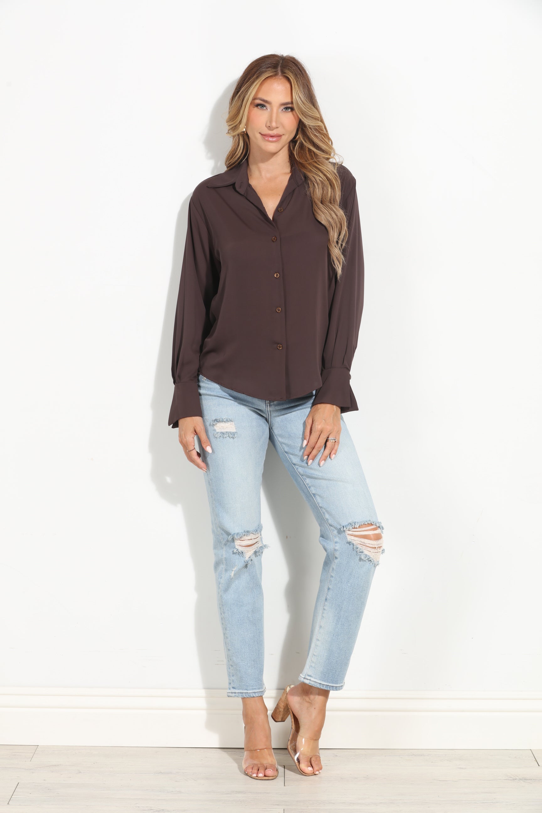 Chocolate Politan Button Blouse-BEST SELLER