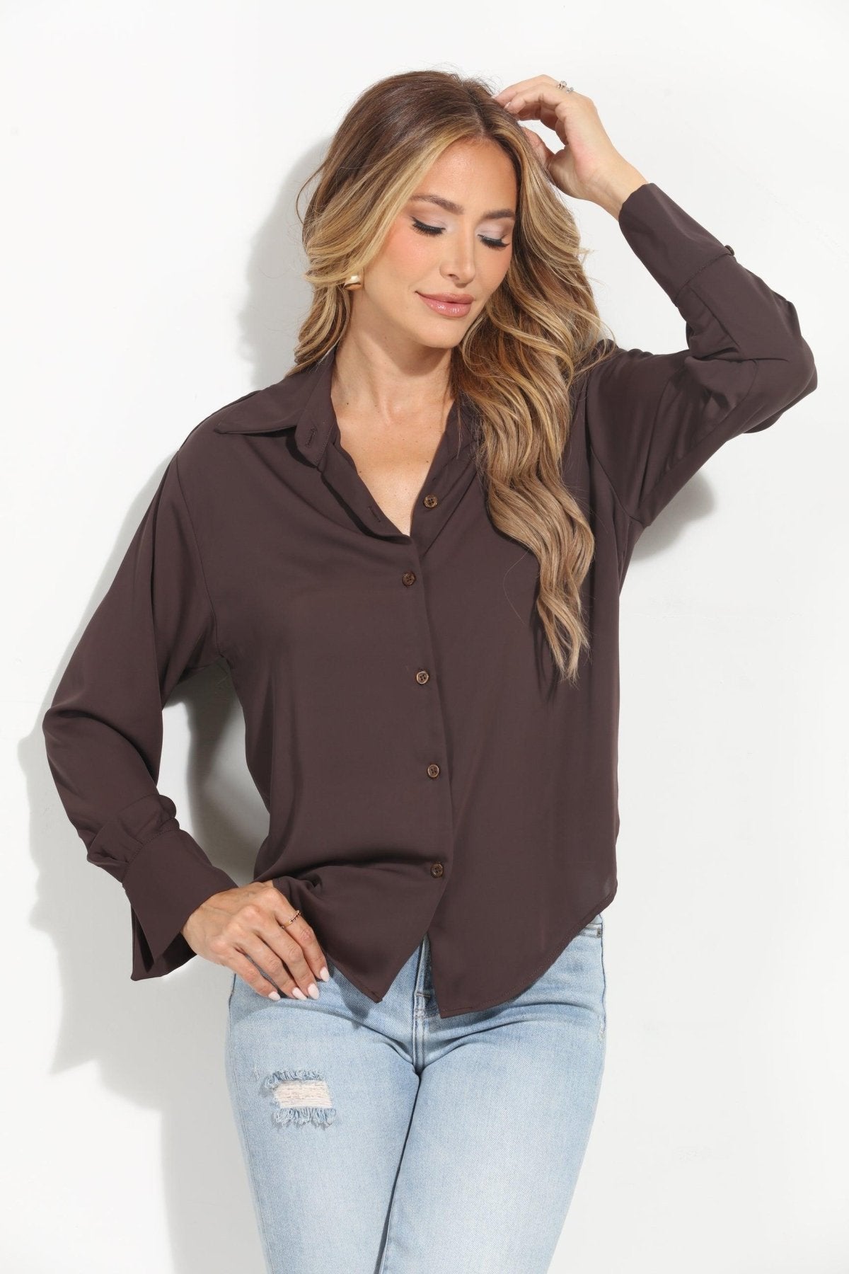 Chocolate Politan Button Blouse-BEST SELLER