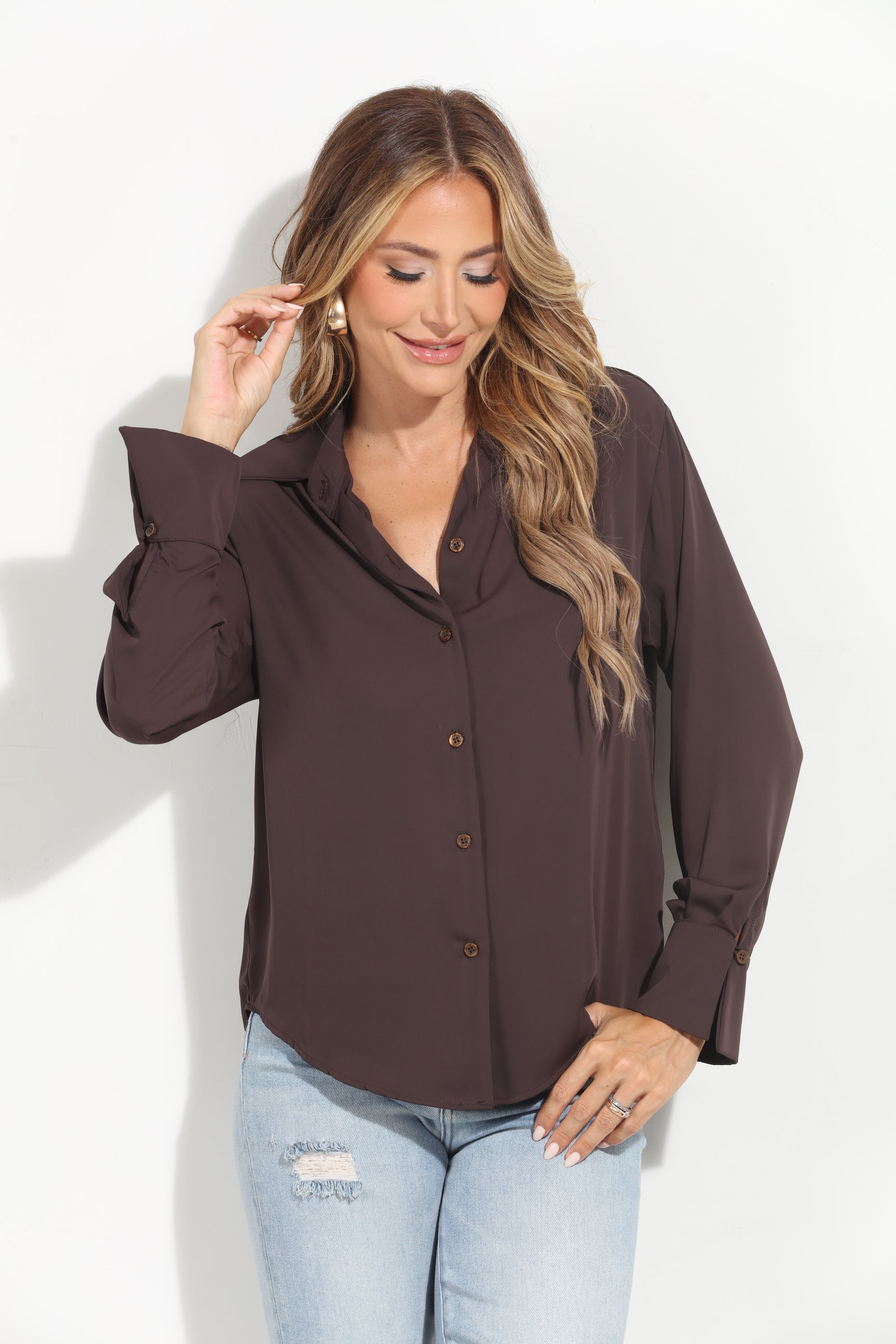 Chocolate Politan Button Blouse-BEST SELLER