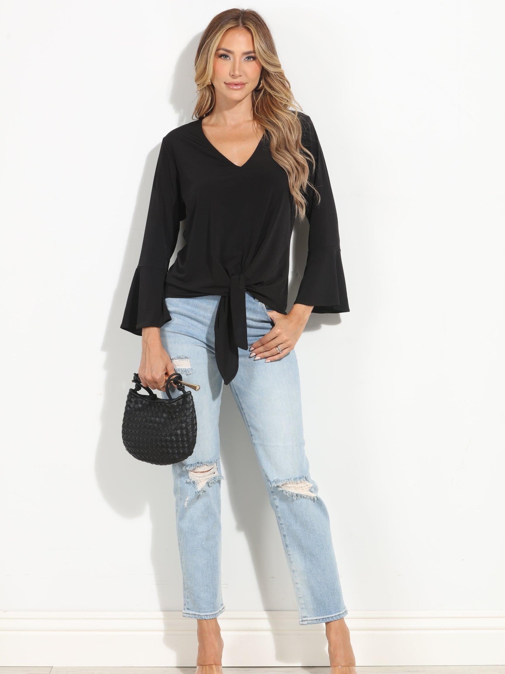 Black Stretch Bell Sleeve Top-BEST SELLER