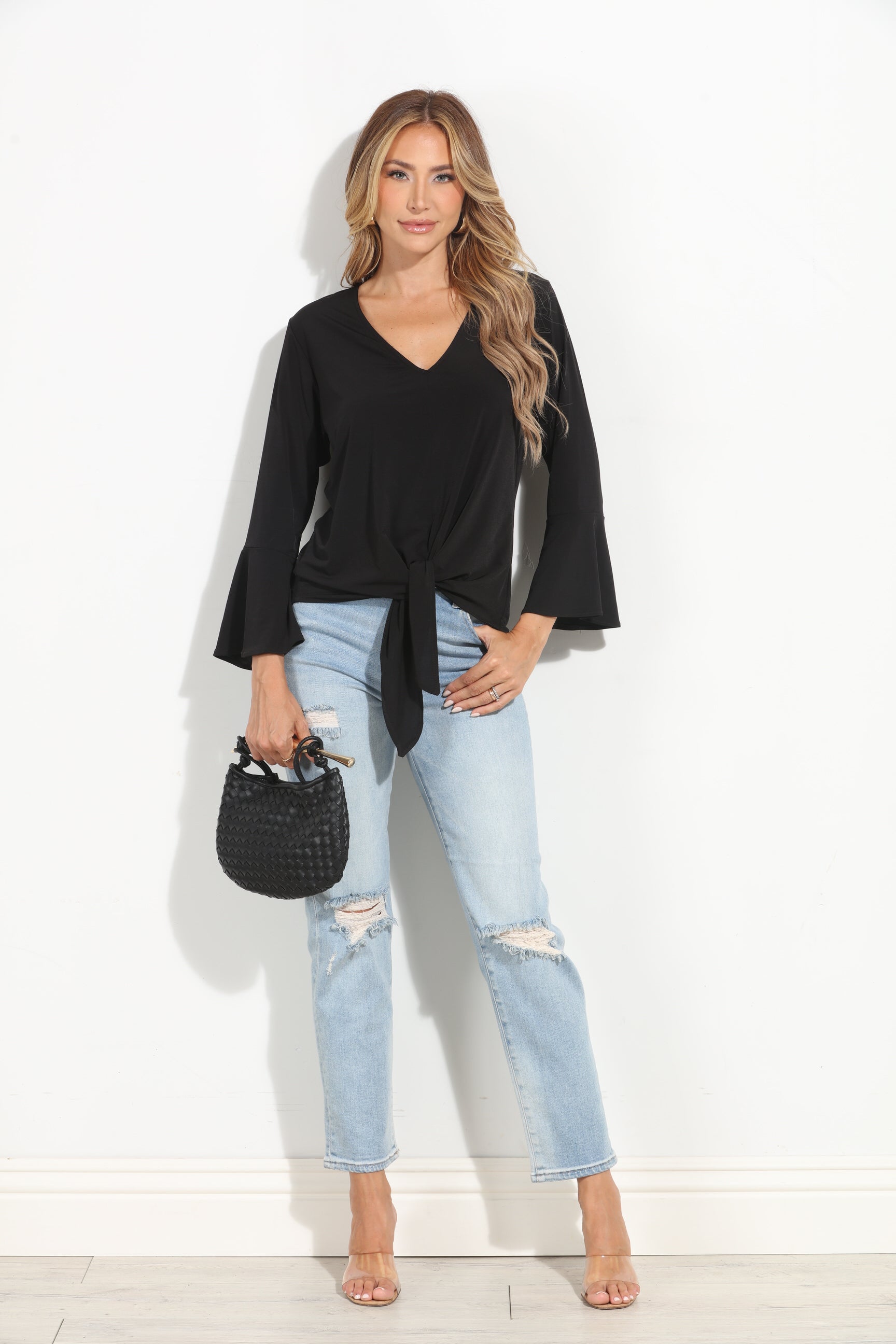 Black Stretch Bell Sleeve Top