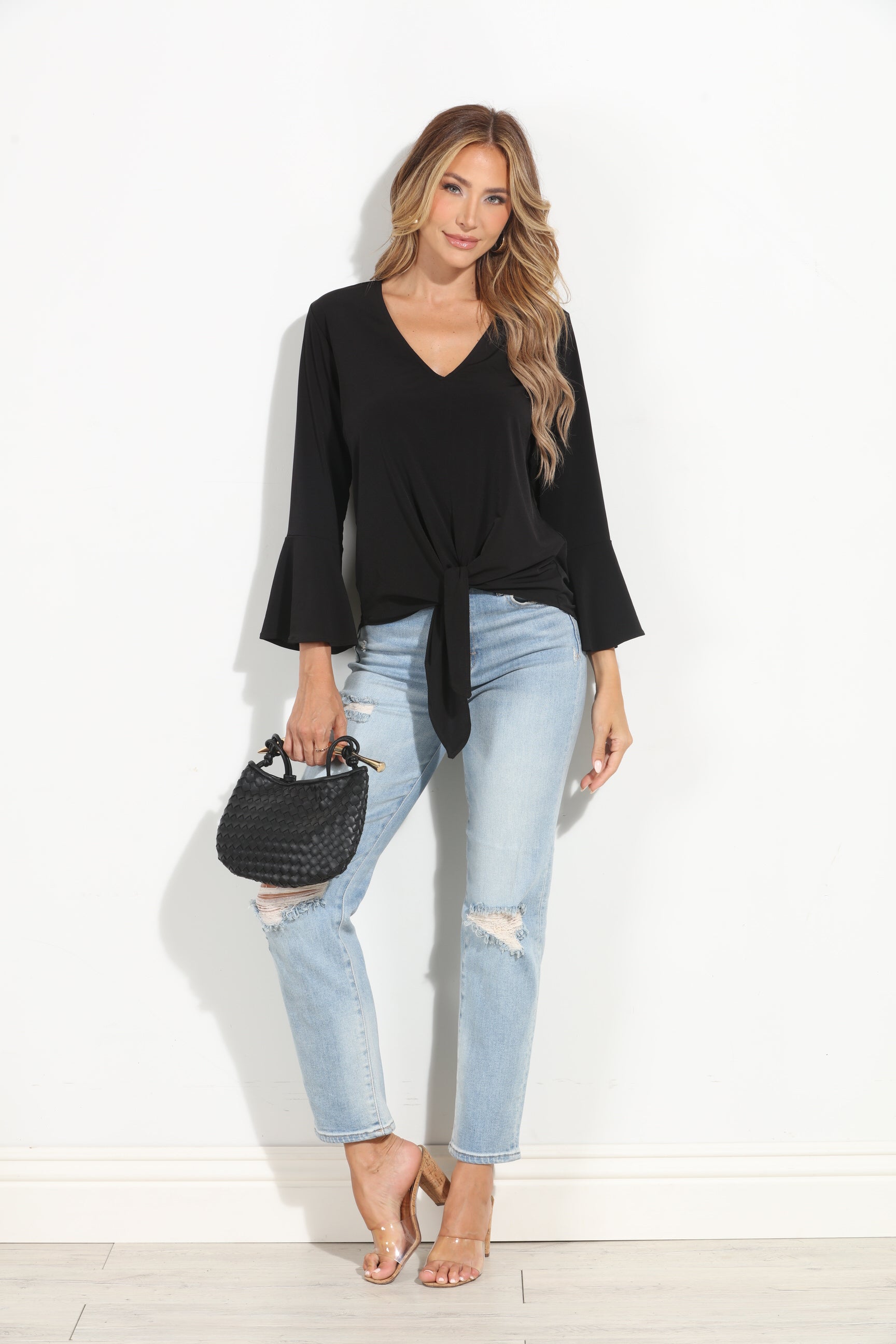 Black Stretch Bell Sleeve Top