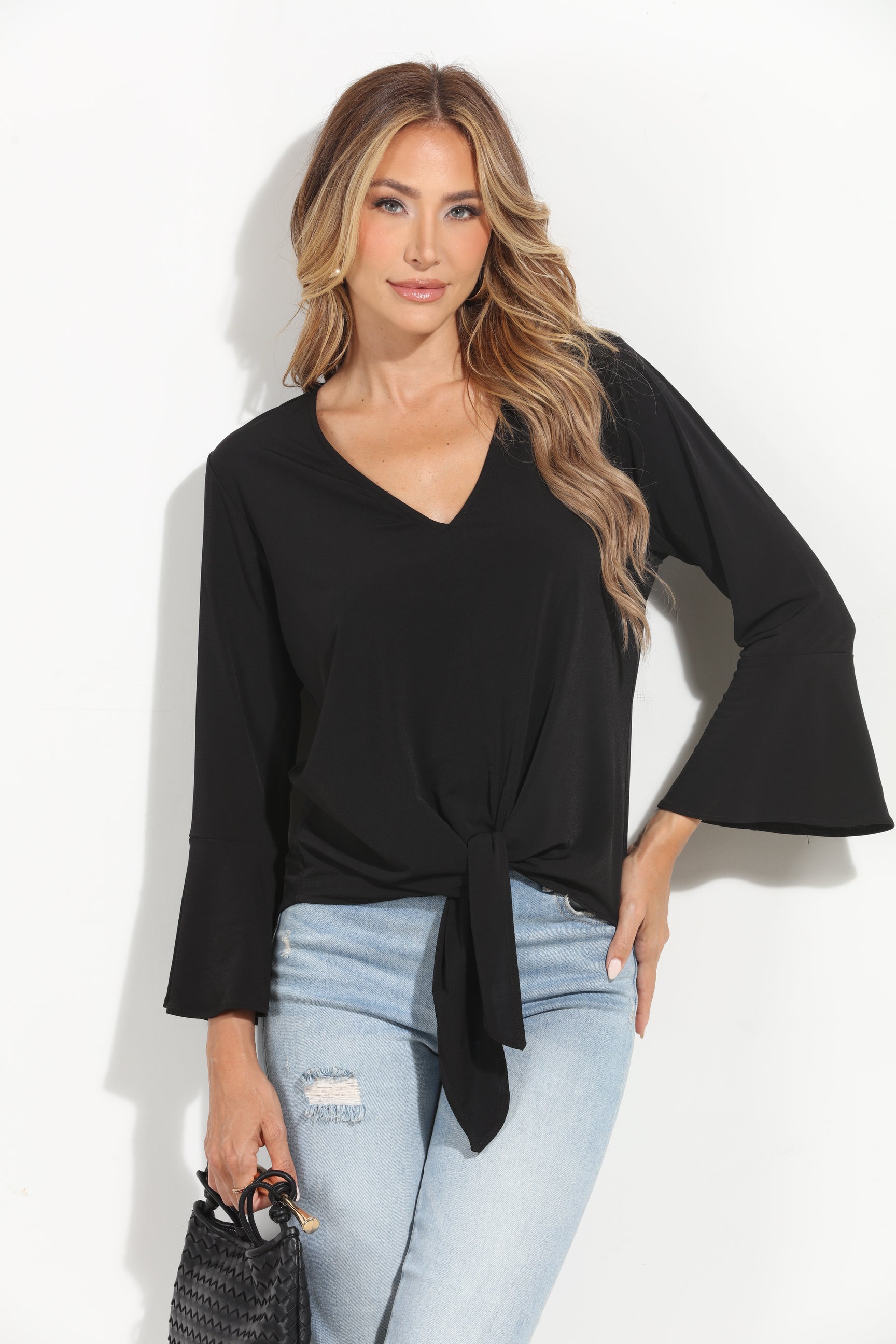 Black Stretch Bell Sleeve Top