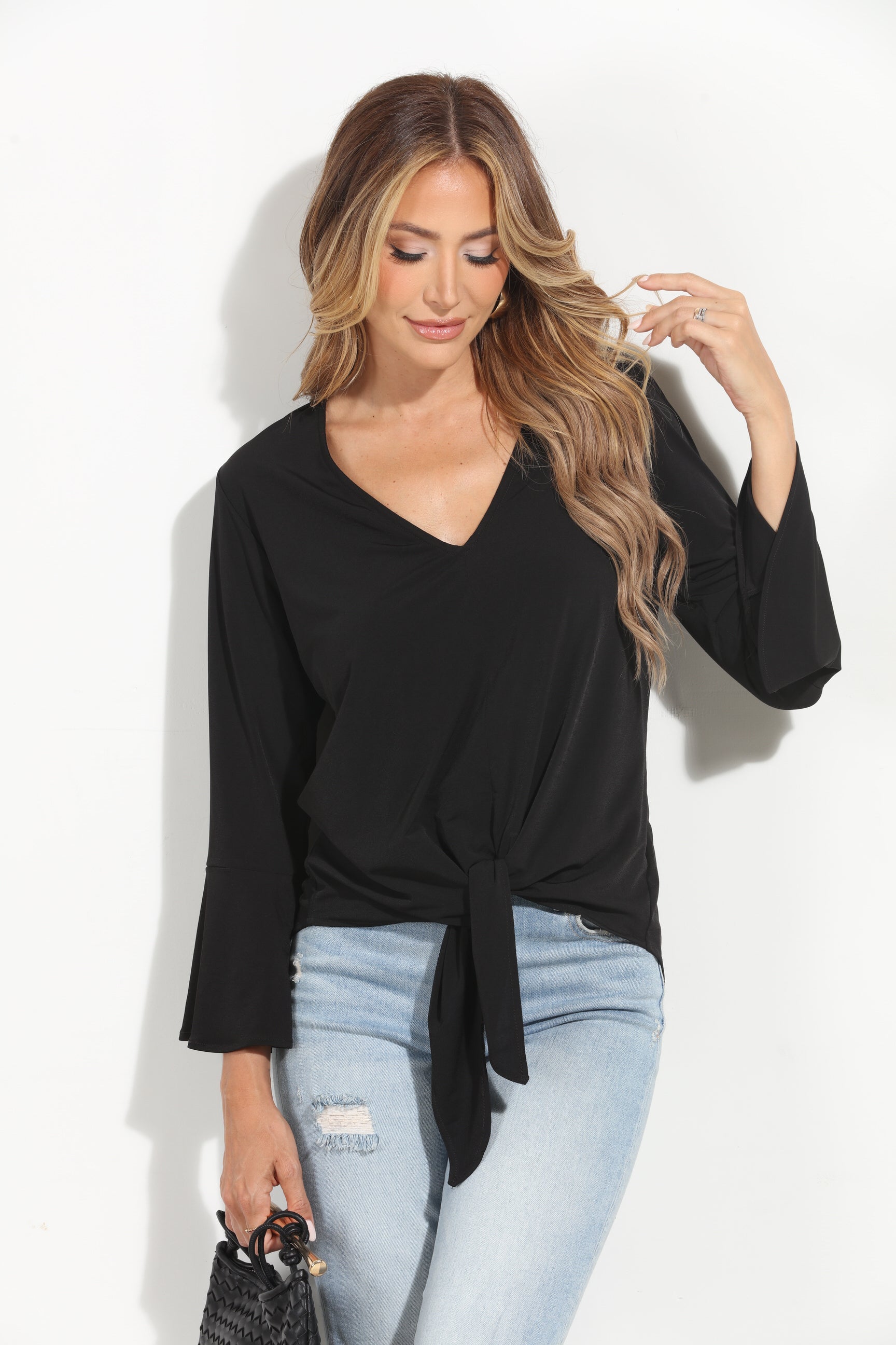 Black Stretch Bell Sleeve Top-BEST SELLER