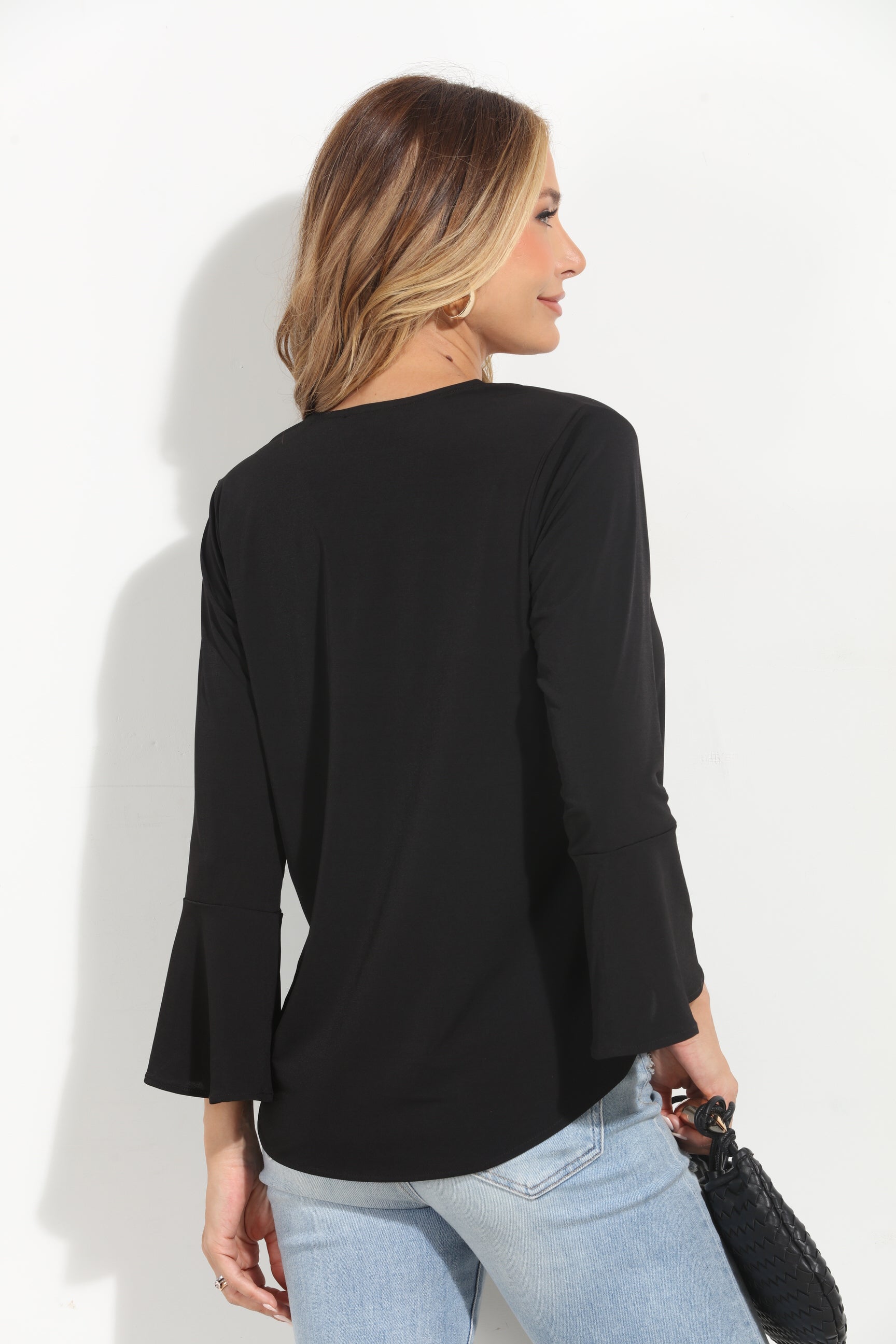 Black Stretch Bell Sleeve Top