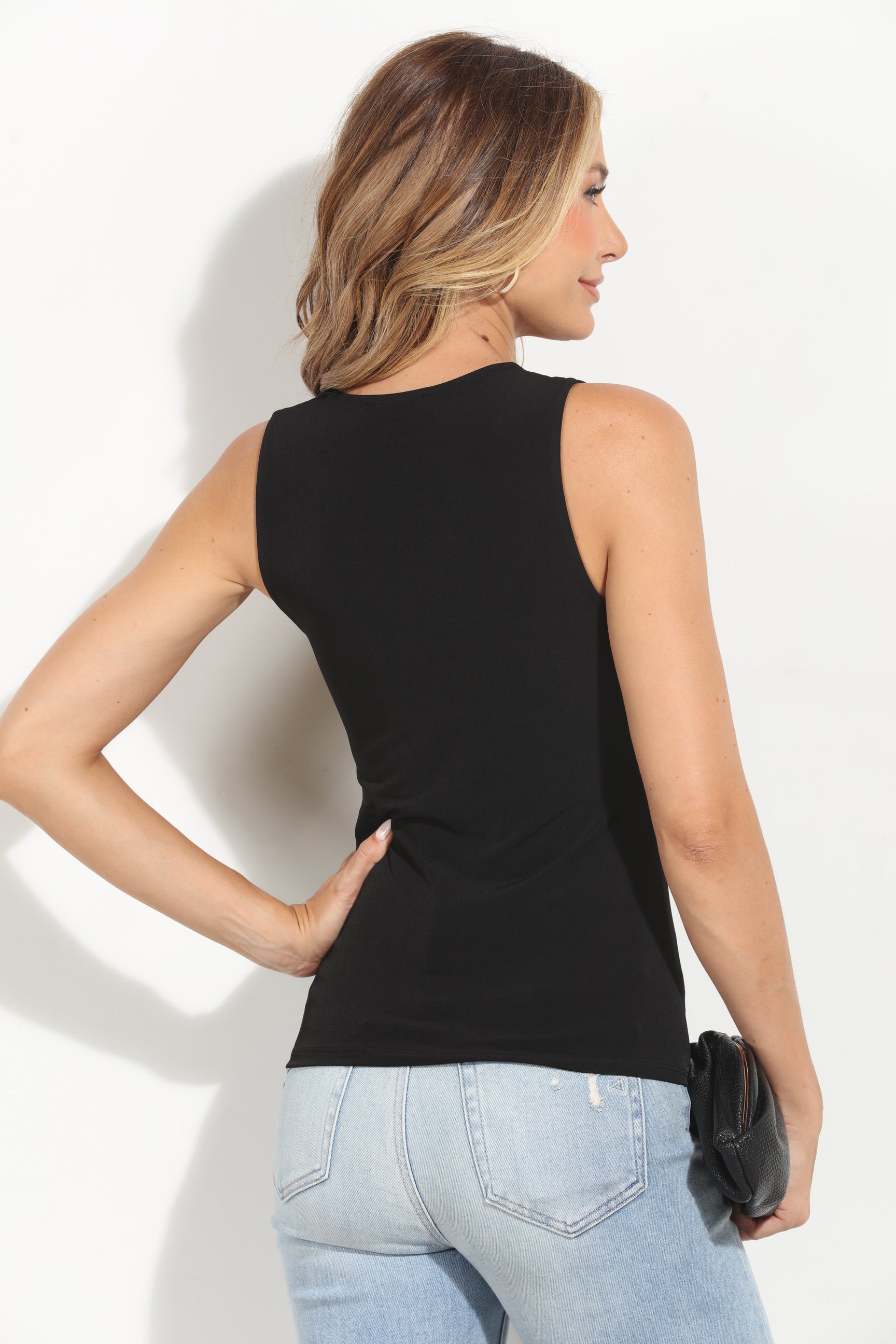 Black Shirred Sleeveless Tank