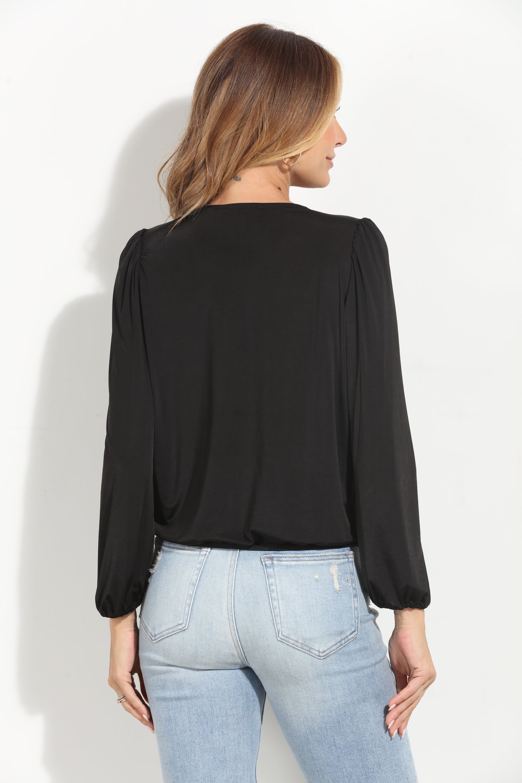 Mom Cropped Surplice Top-Black