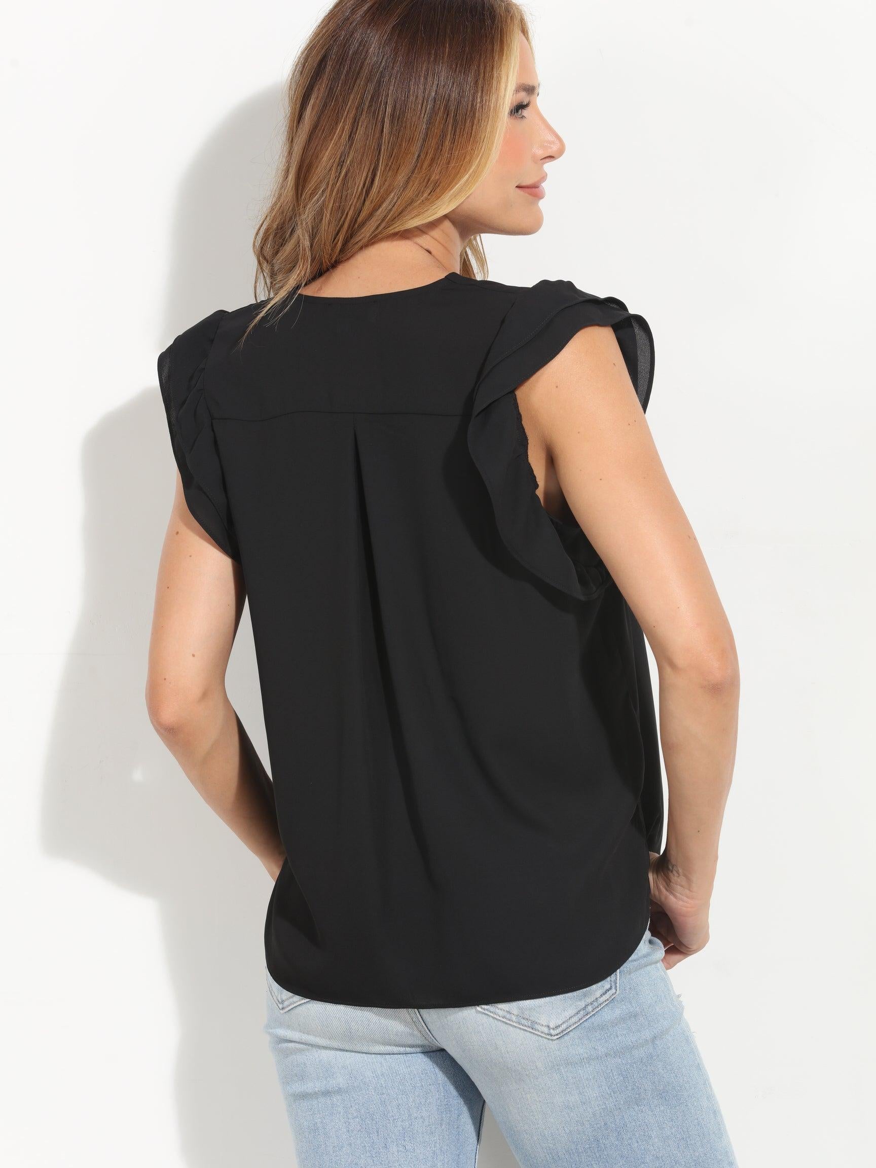 Black V-Neck Ruffle Blouse-BEST SELLER
