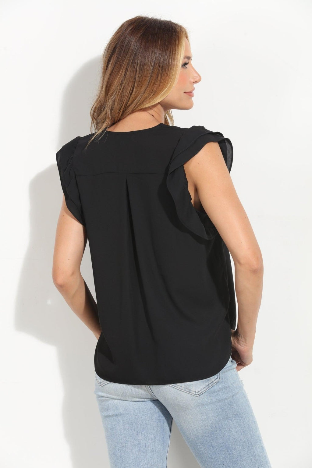 Black V-Neck Ruffle Blouse-BEST SELLER