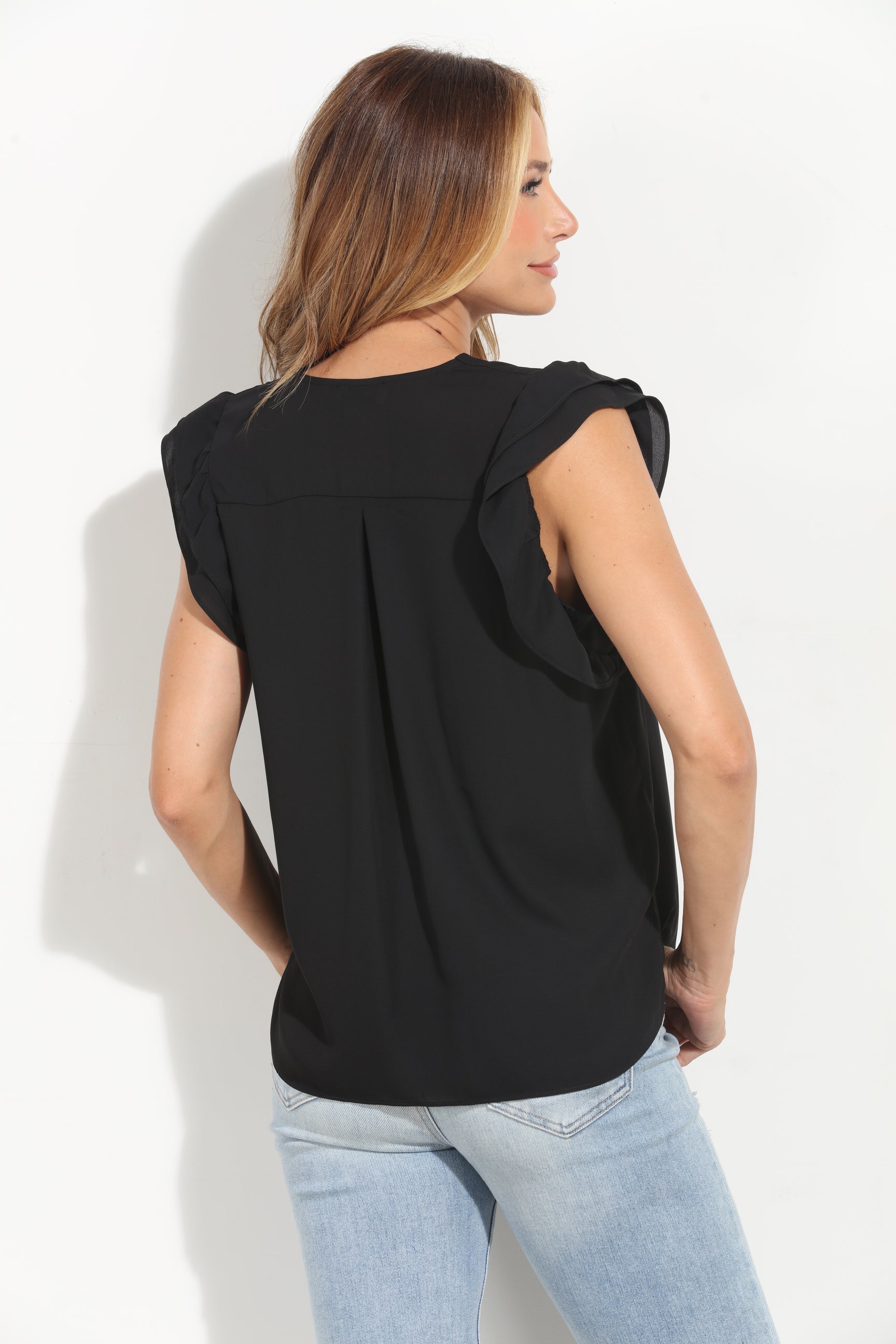 Black V-Neck Ruffle Blouse