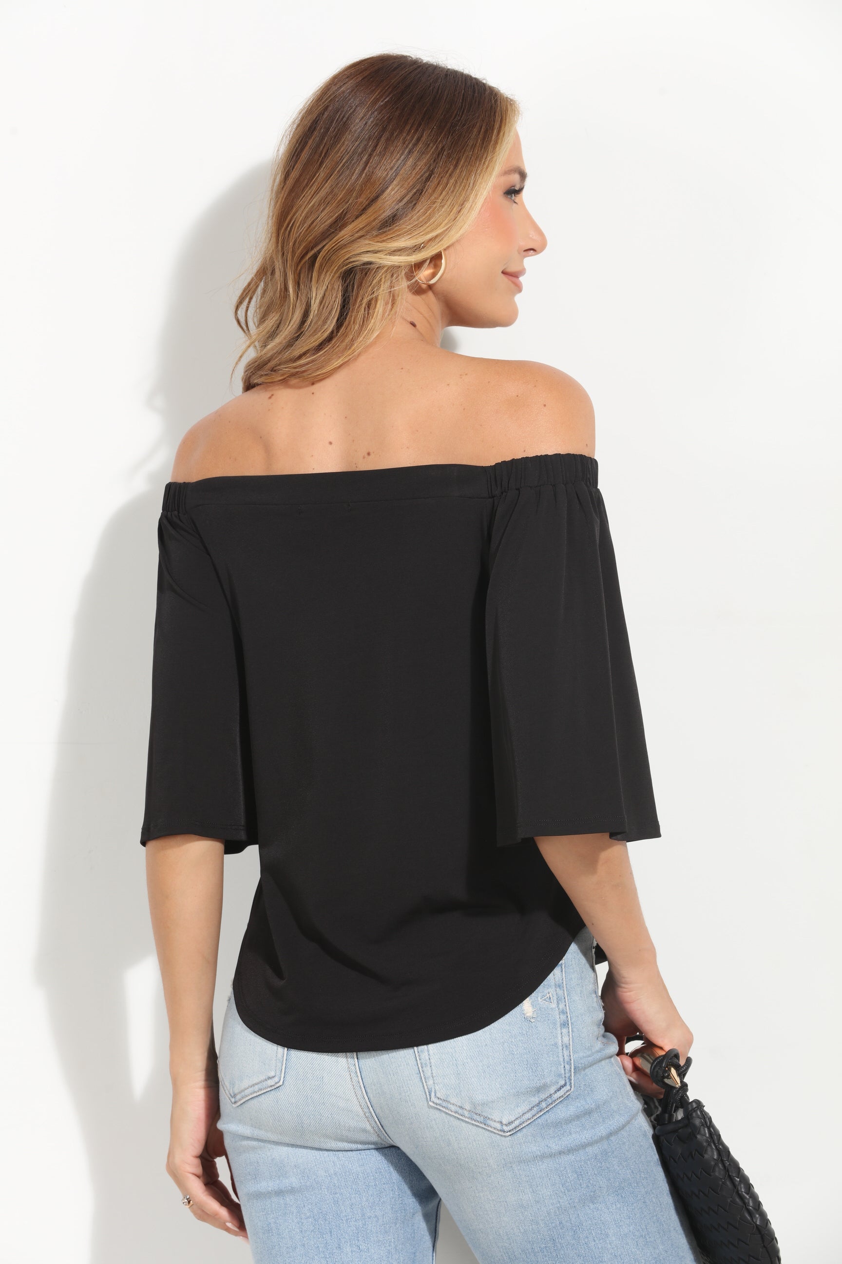 Black Stretch OTS Flare Sleeve Top