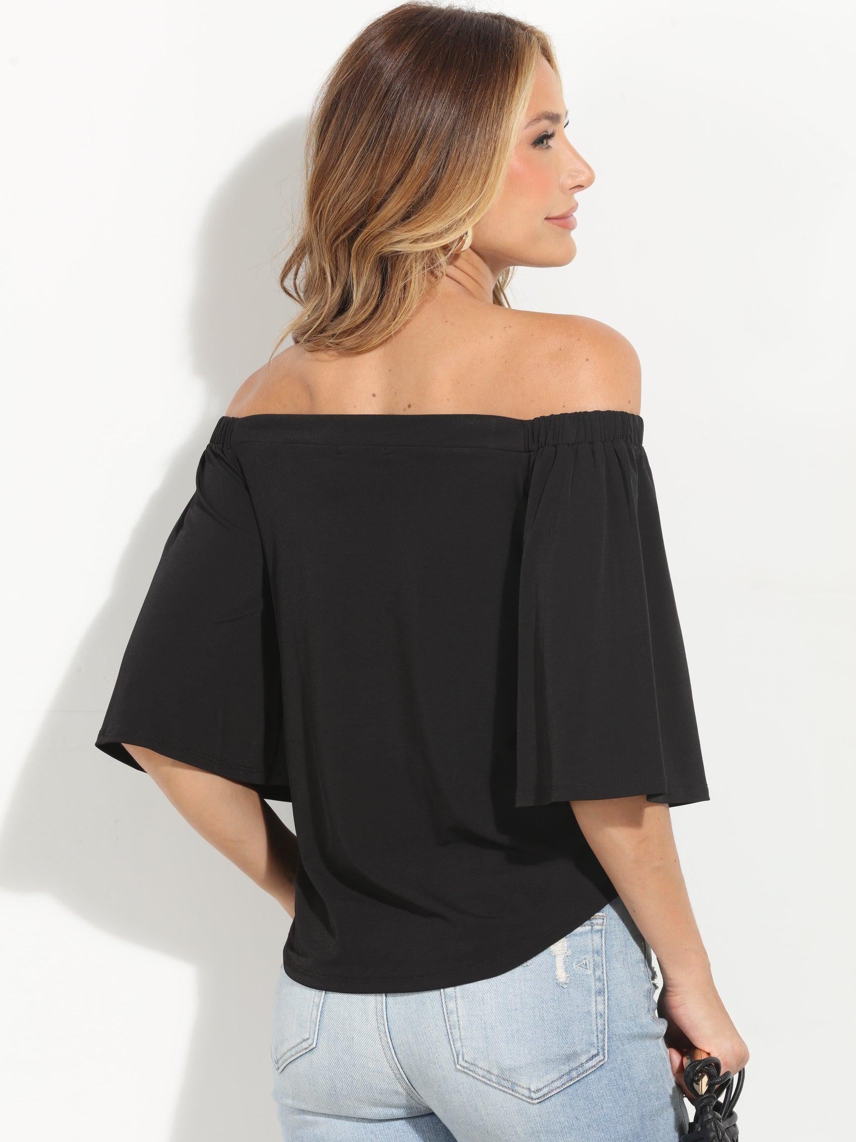 Black Stretch OTS Flare Sleeve Top
