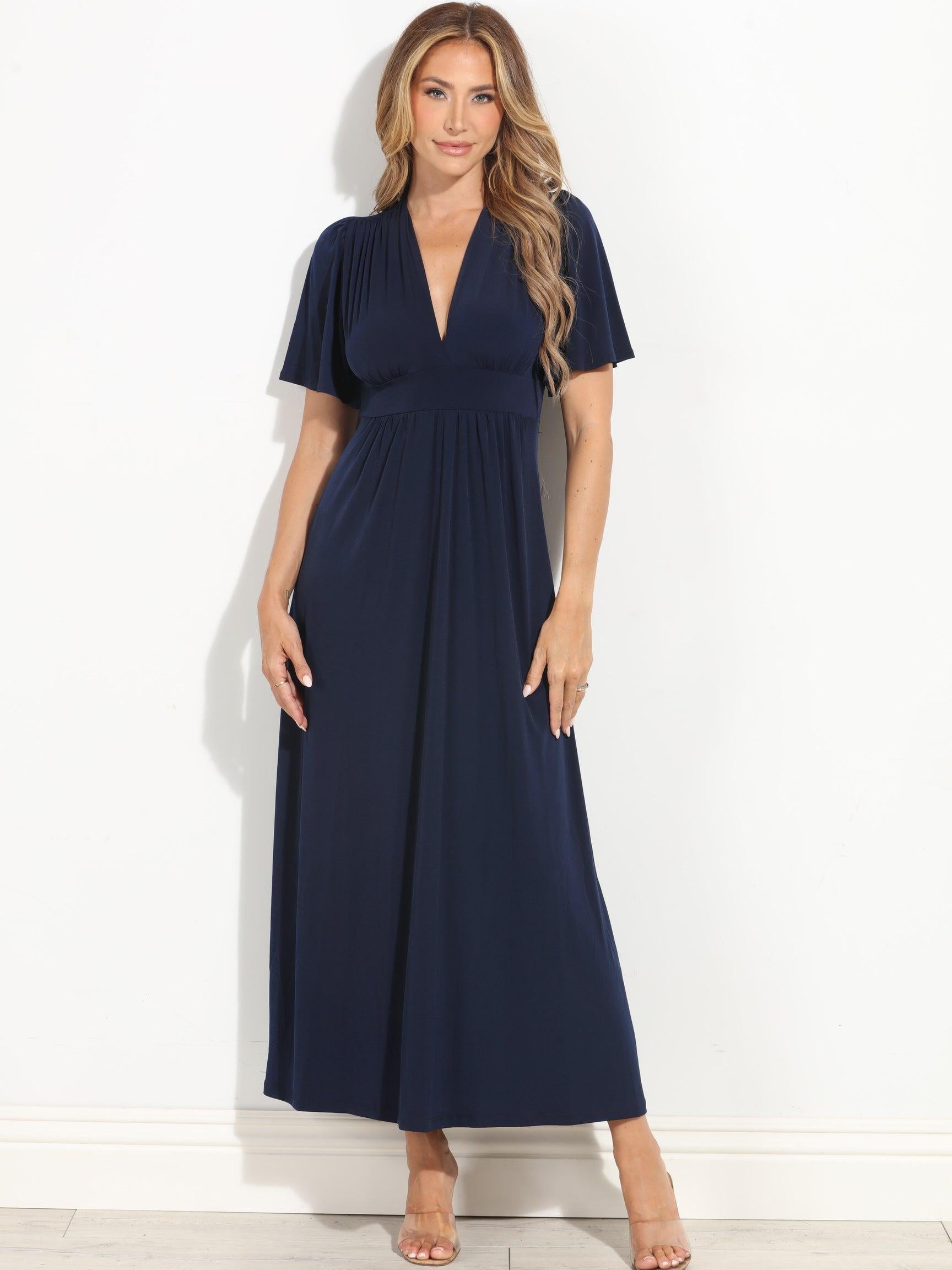 Navy Stretch Deep V Flutter Sleeve Maxi Dress-BEST SELLER