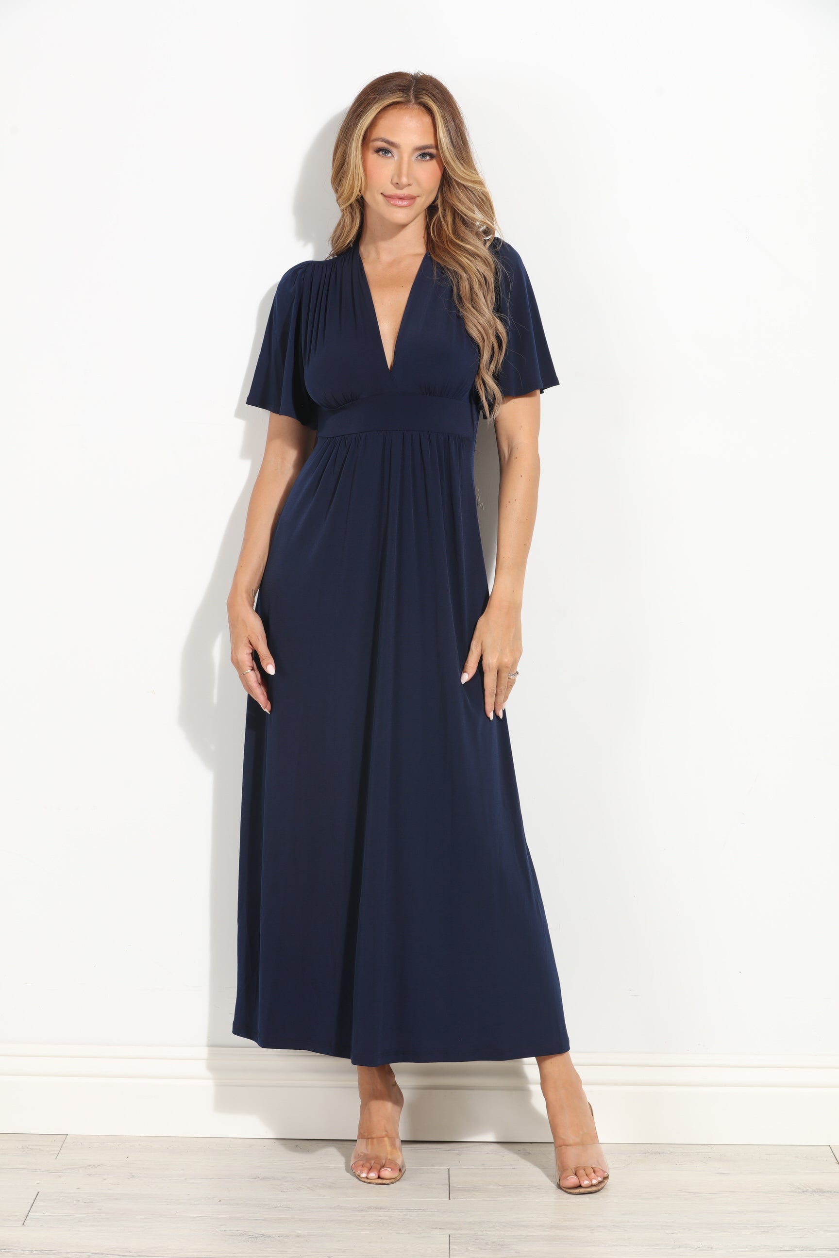 Navy Stretch Deep V Flutter Sleeve Maxi Dress-BEST SELLER