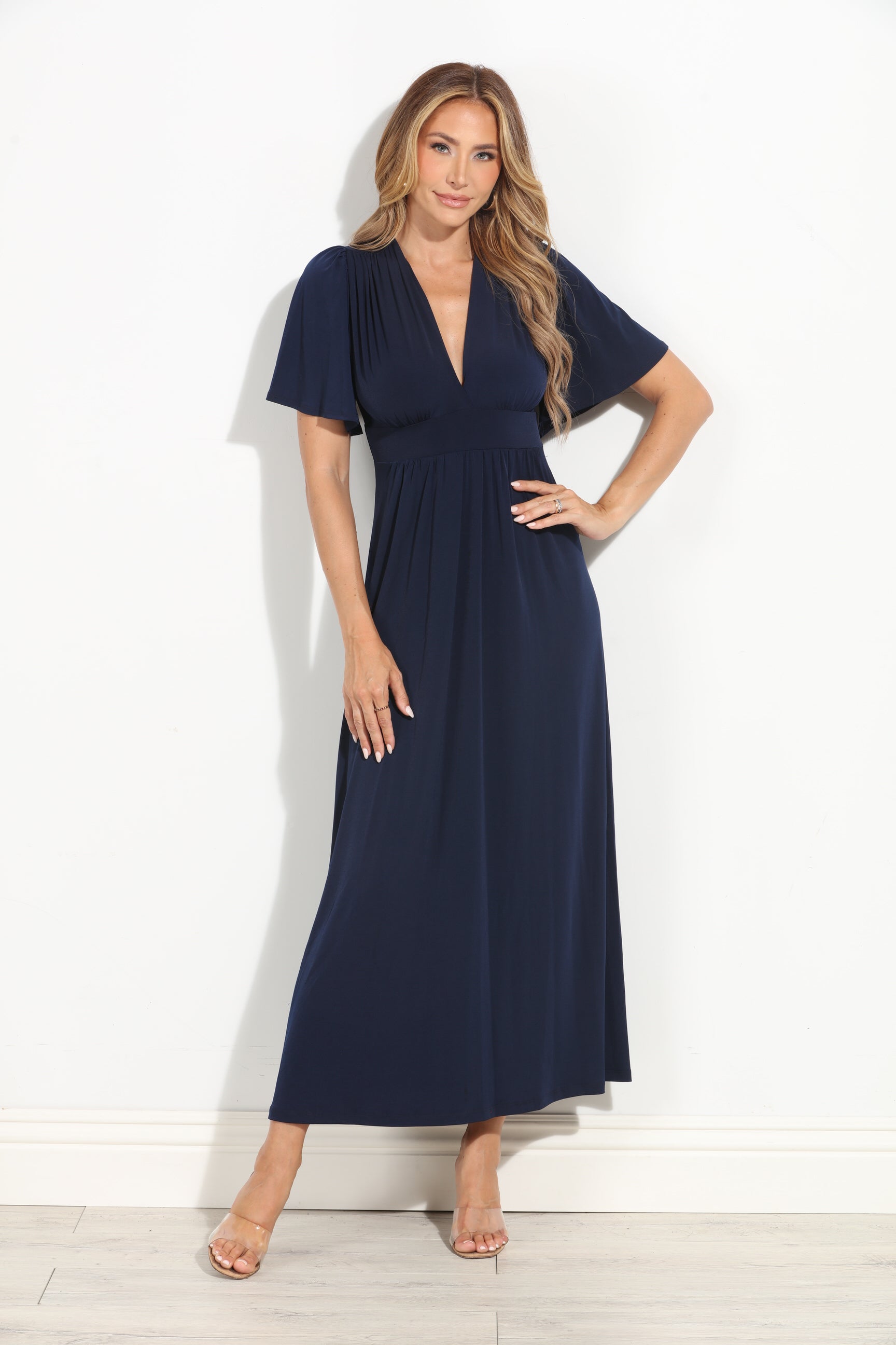 Navy Stretch Deep V Flutter Sleeve Maxi Dress-BEST SELLER