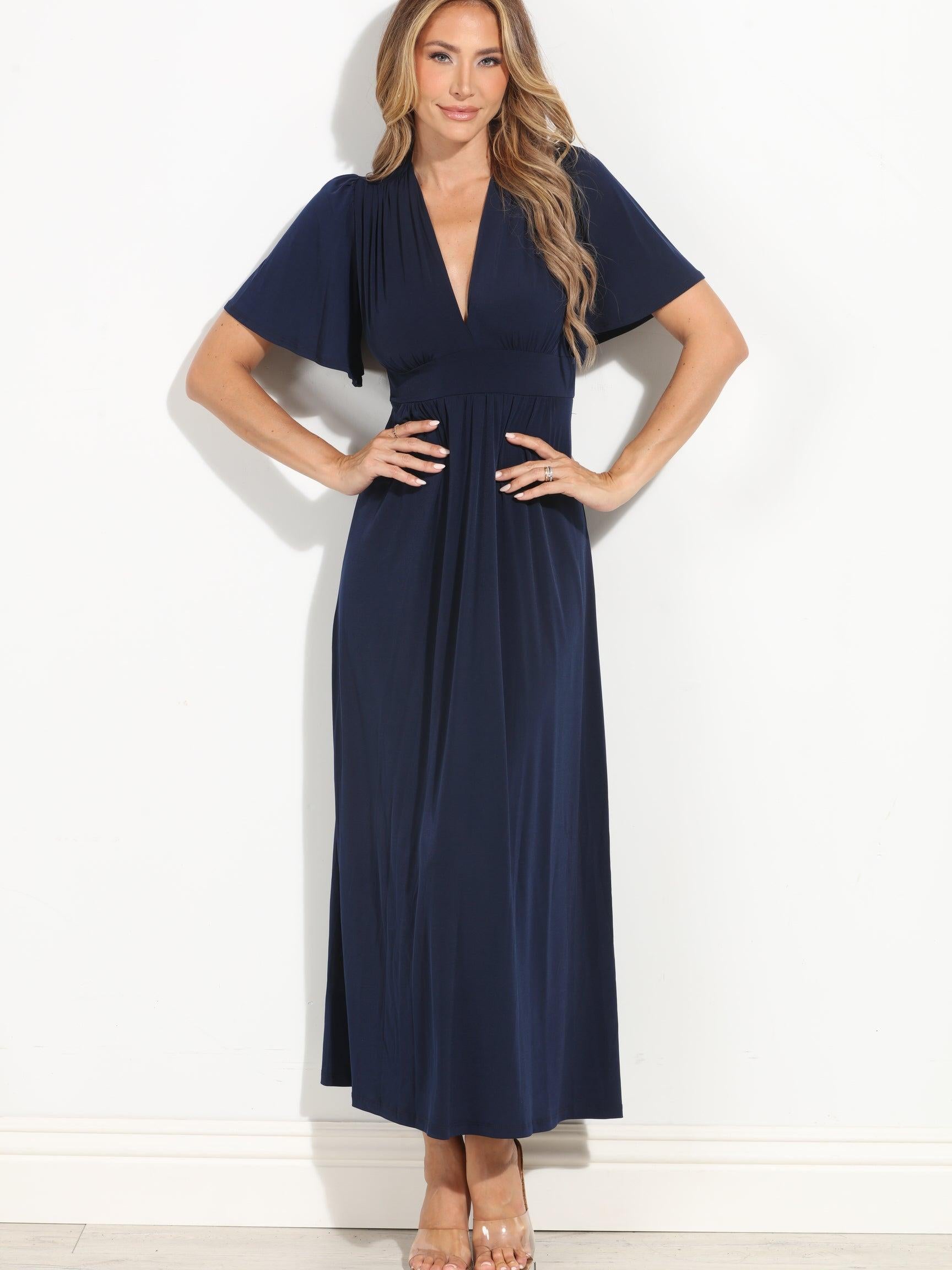 Navy Stretch Deep V Flutter Sleeve Maxi Dress-BEST SELLER
