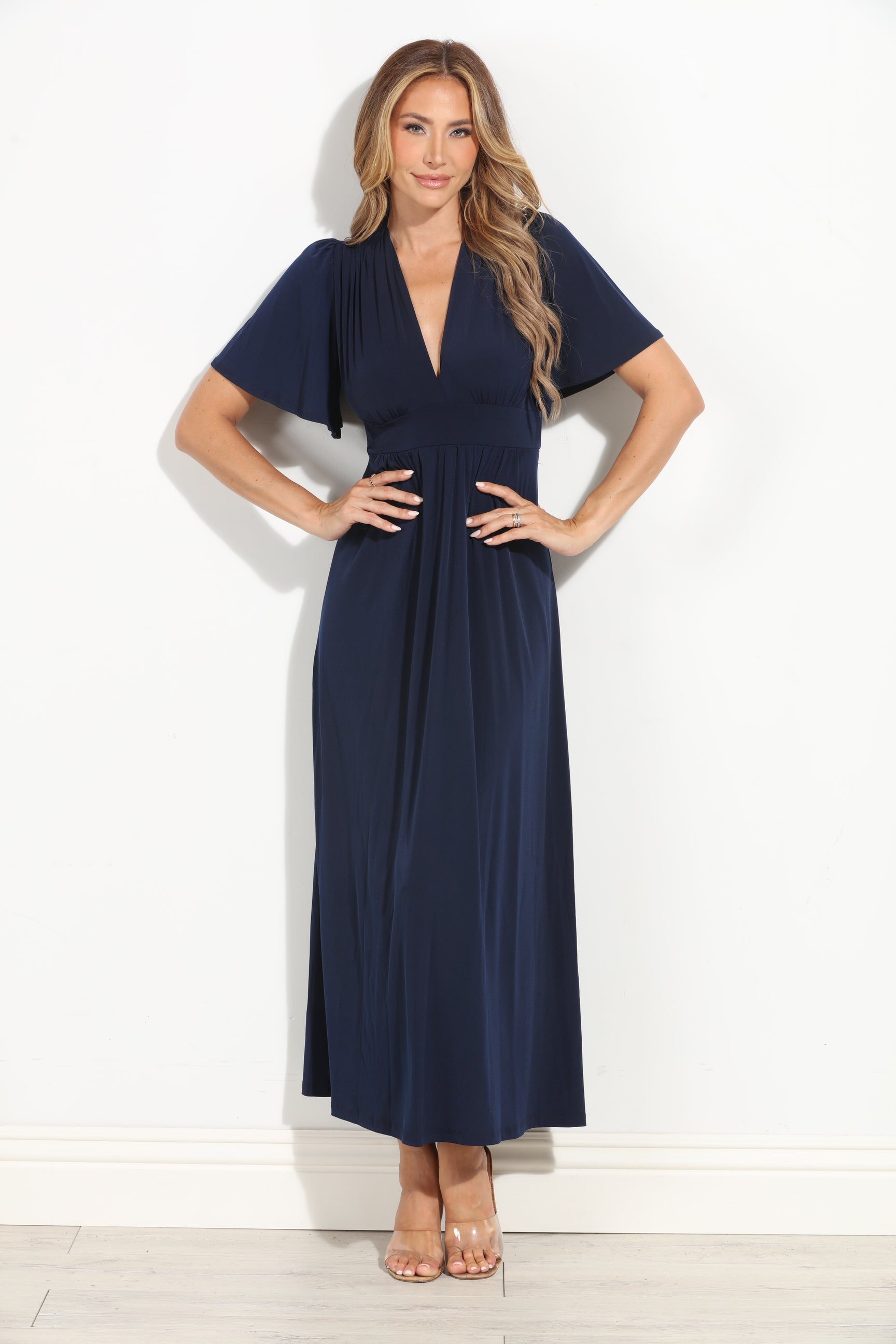 Navy Stretch Deep V Flutter Sleeve Maxi Dress-BEST SELLER