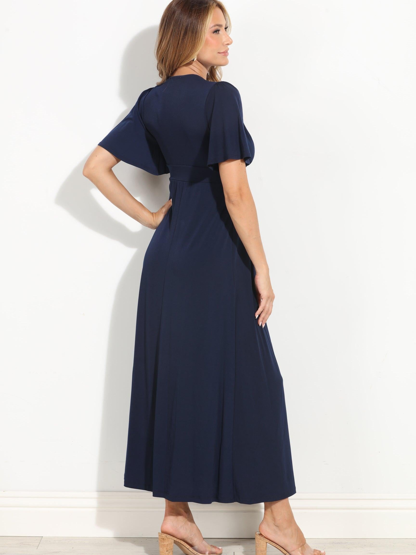Navy Stretch Deep V Flutter Sleeve Maxi Dress-BEST SELLER