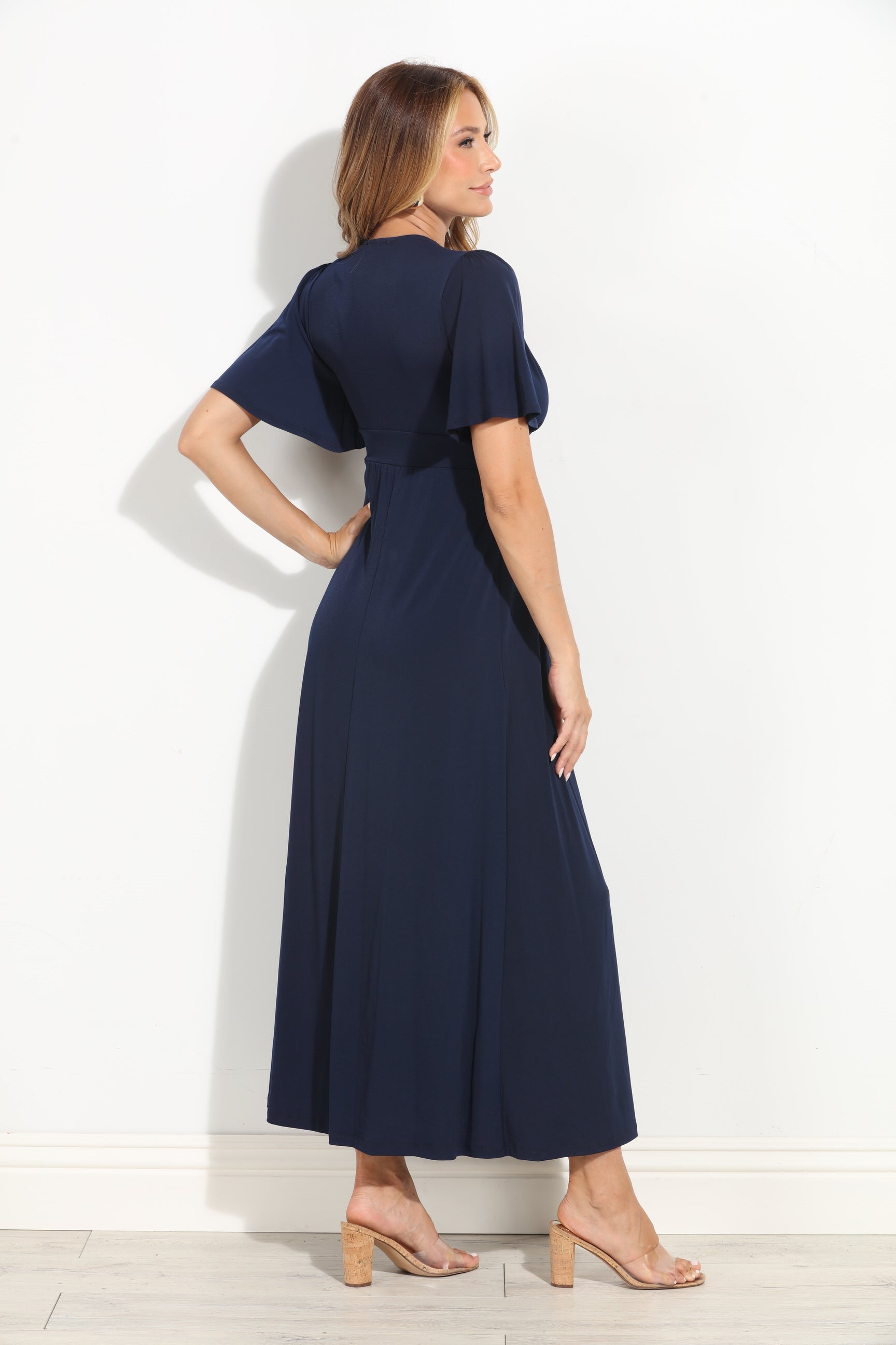 Navy Stretch Deep V Flutter Sleeve Maxi Dress-BEST SELLER