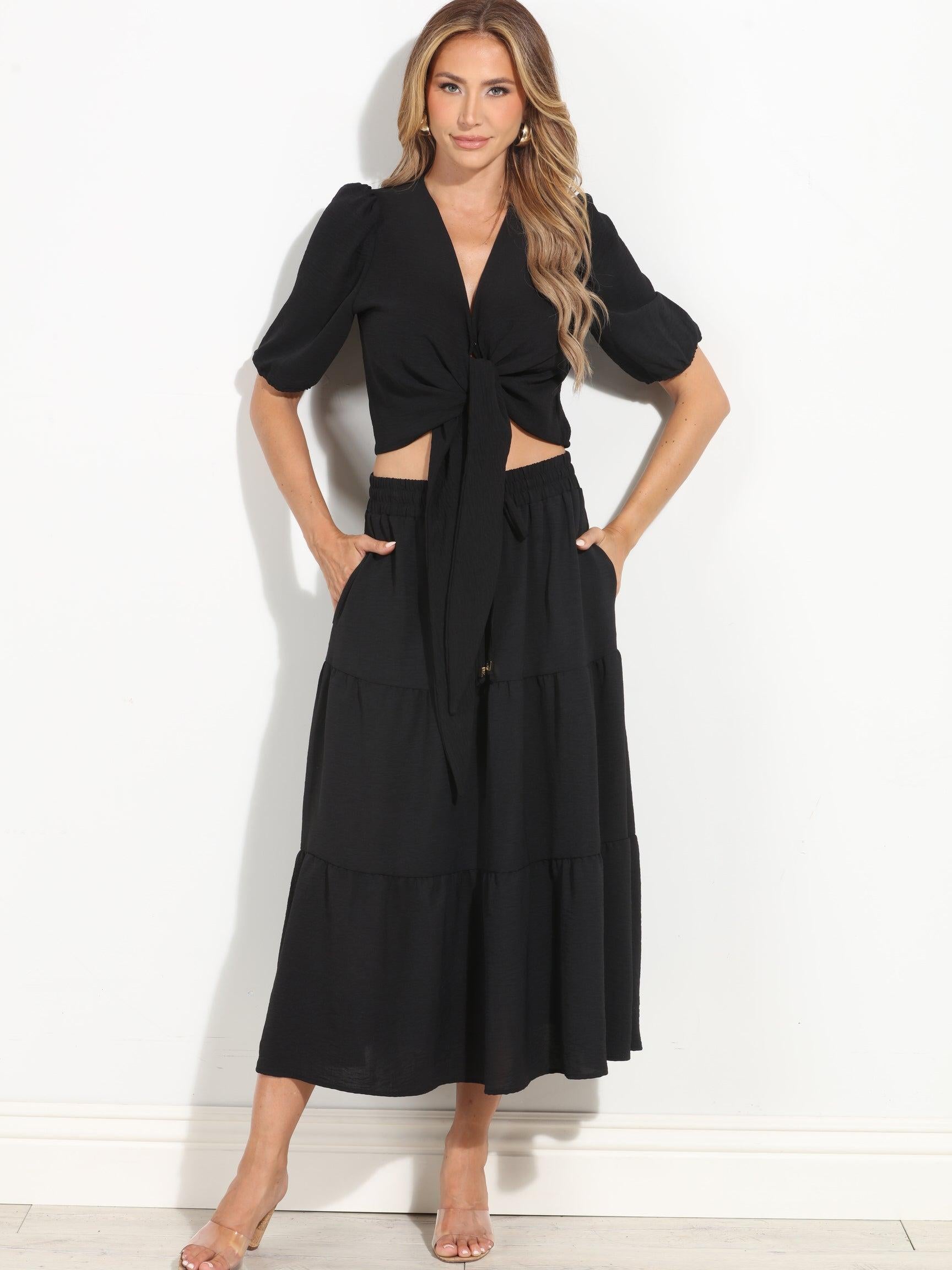 Black Airflow Tiered Midi Skirt-BEST SELLER