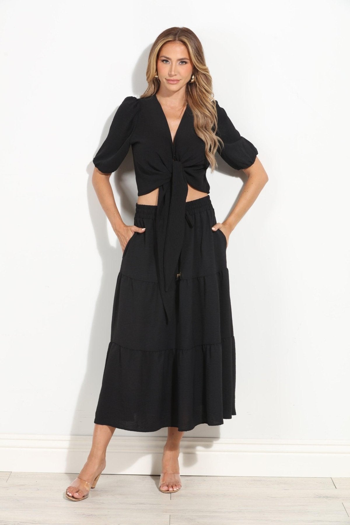 Black Airflow Tiered Midi Skirt-BEST SELLER