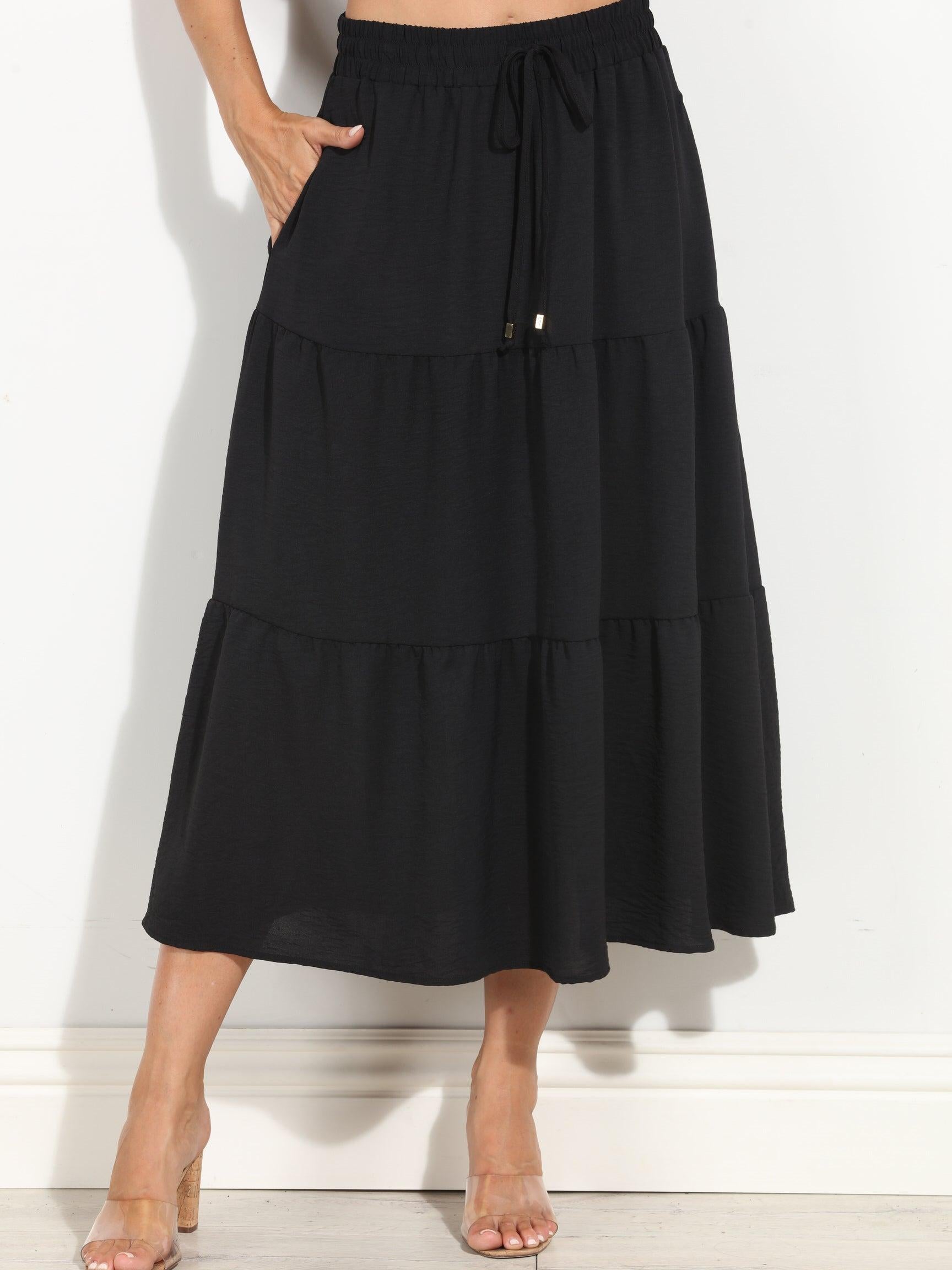 Black Airflow Tiered Midi Skirt-BEST SELLER