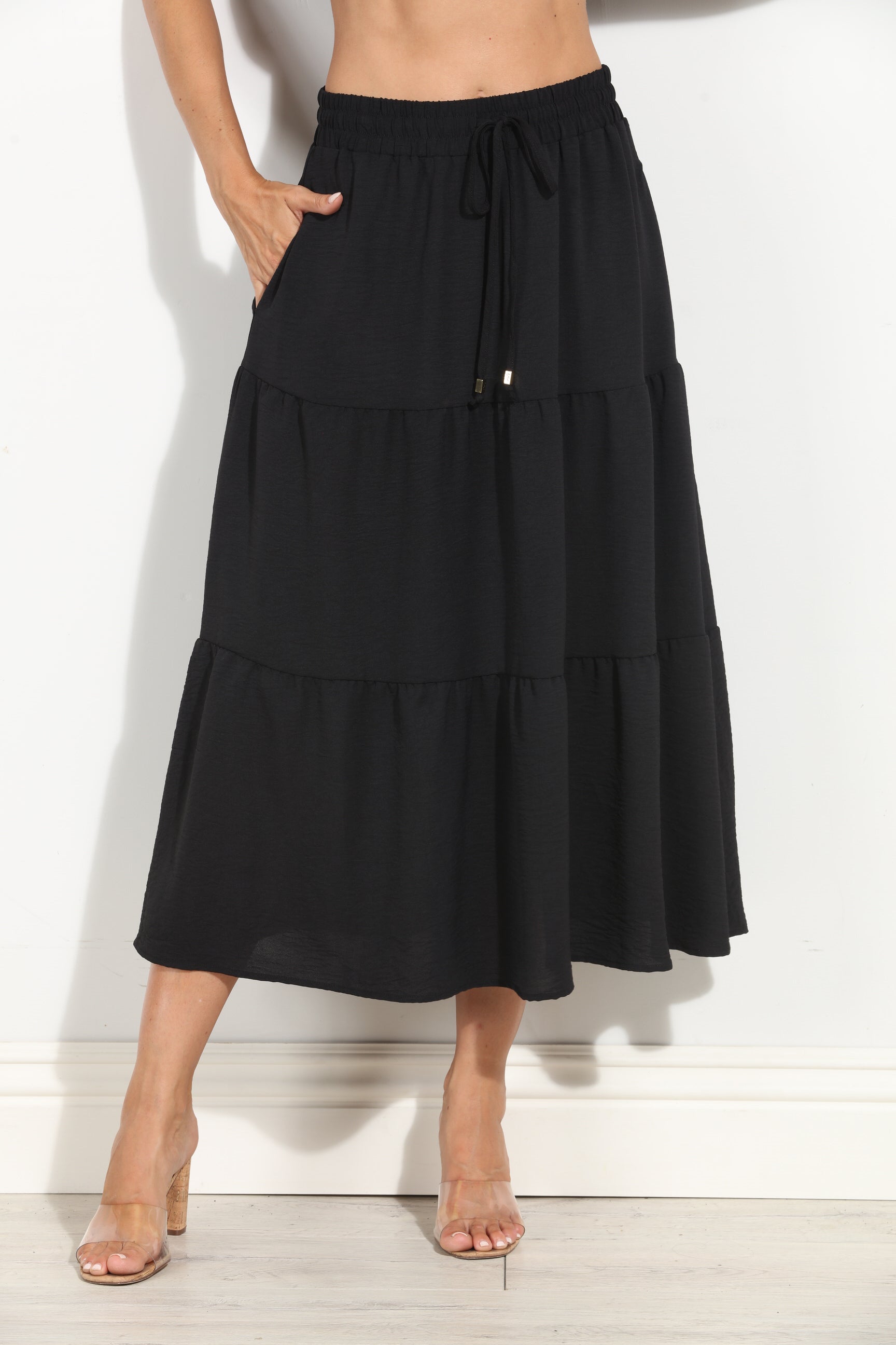 Black Airflow Tiered Midi Skirt-BEST SELLER