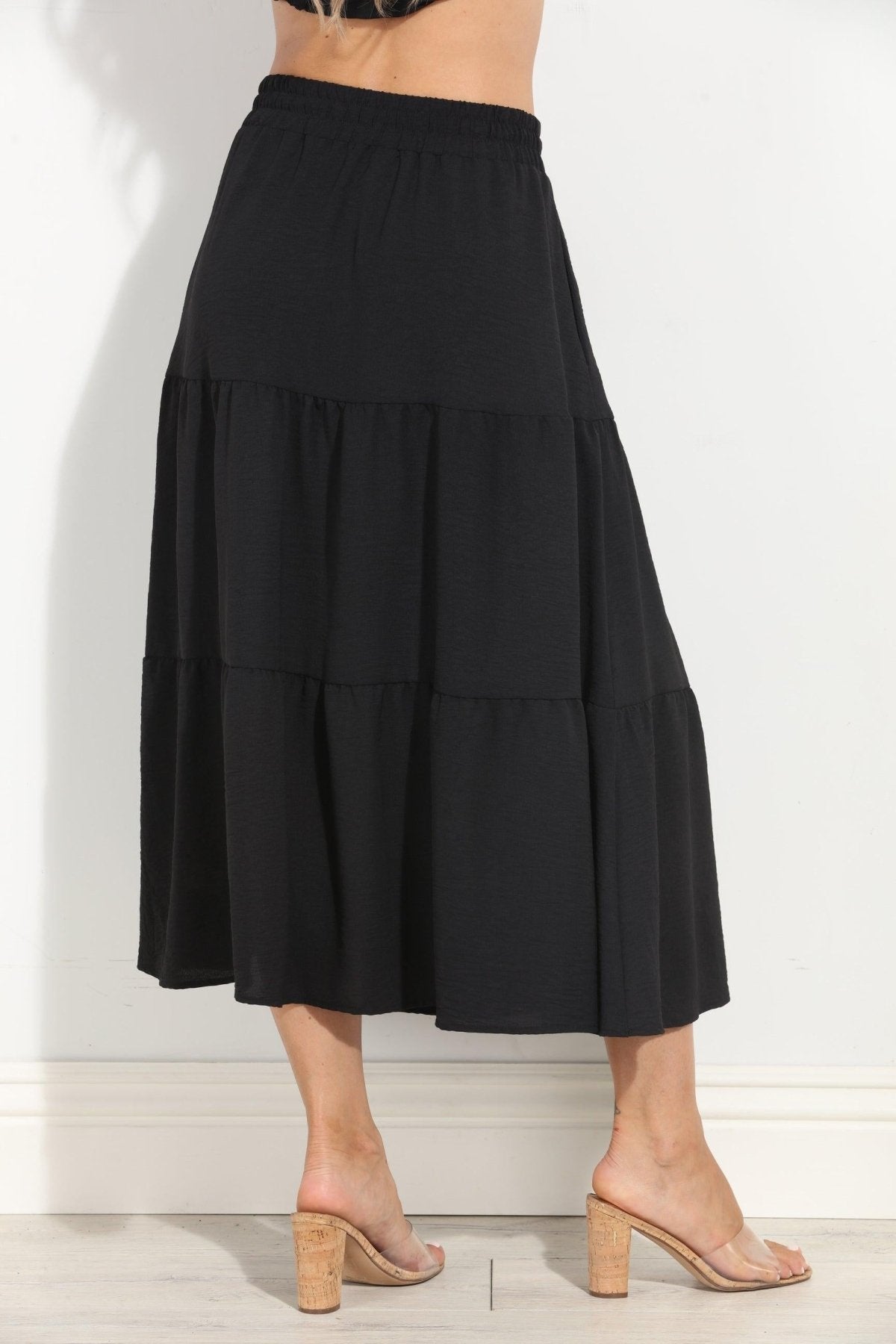 Black Airflow Tiered Midi Skirt-BEST SELLER