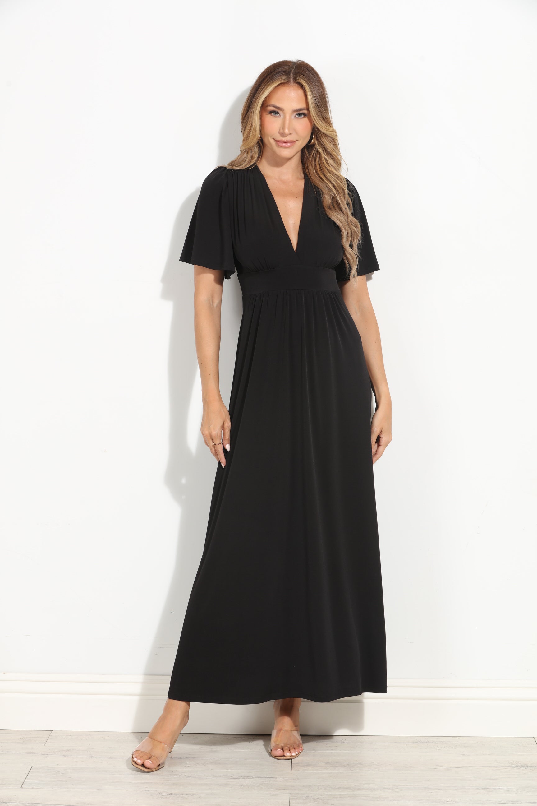 Black Stretch Deep V Flutter Sleeve Maxi Dress-BEST SELLER