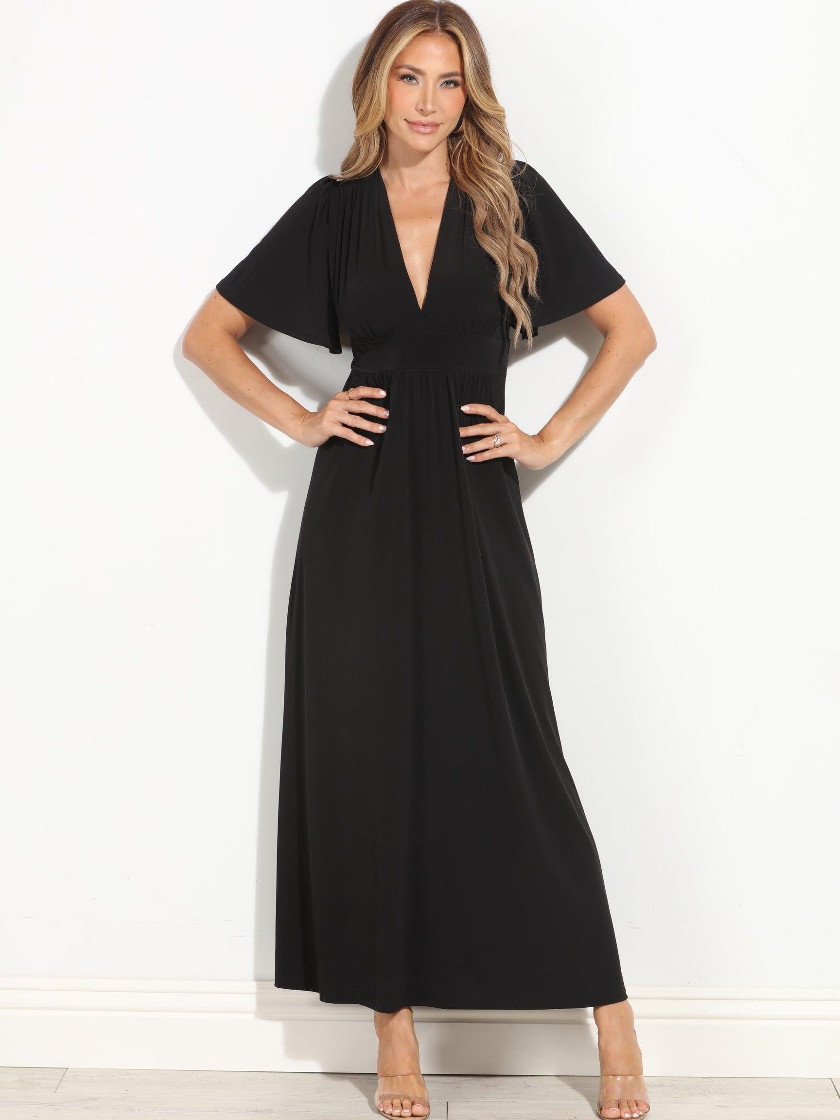 Black Stretch Deep V Flutter Sleeve Maxi Dress-BEST SELLER