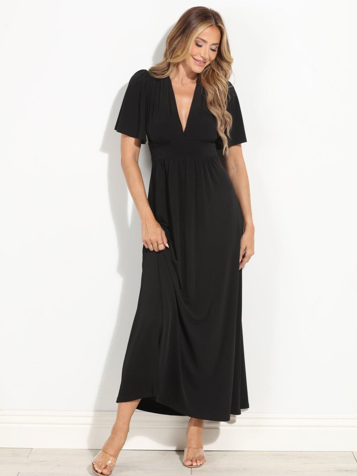 Black Stretch Deep V Flutter Sleeve Maxi Dress-BEST SELLER