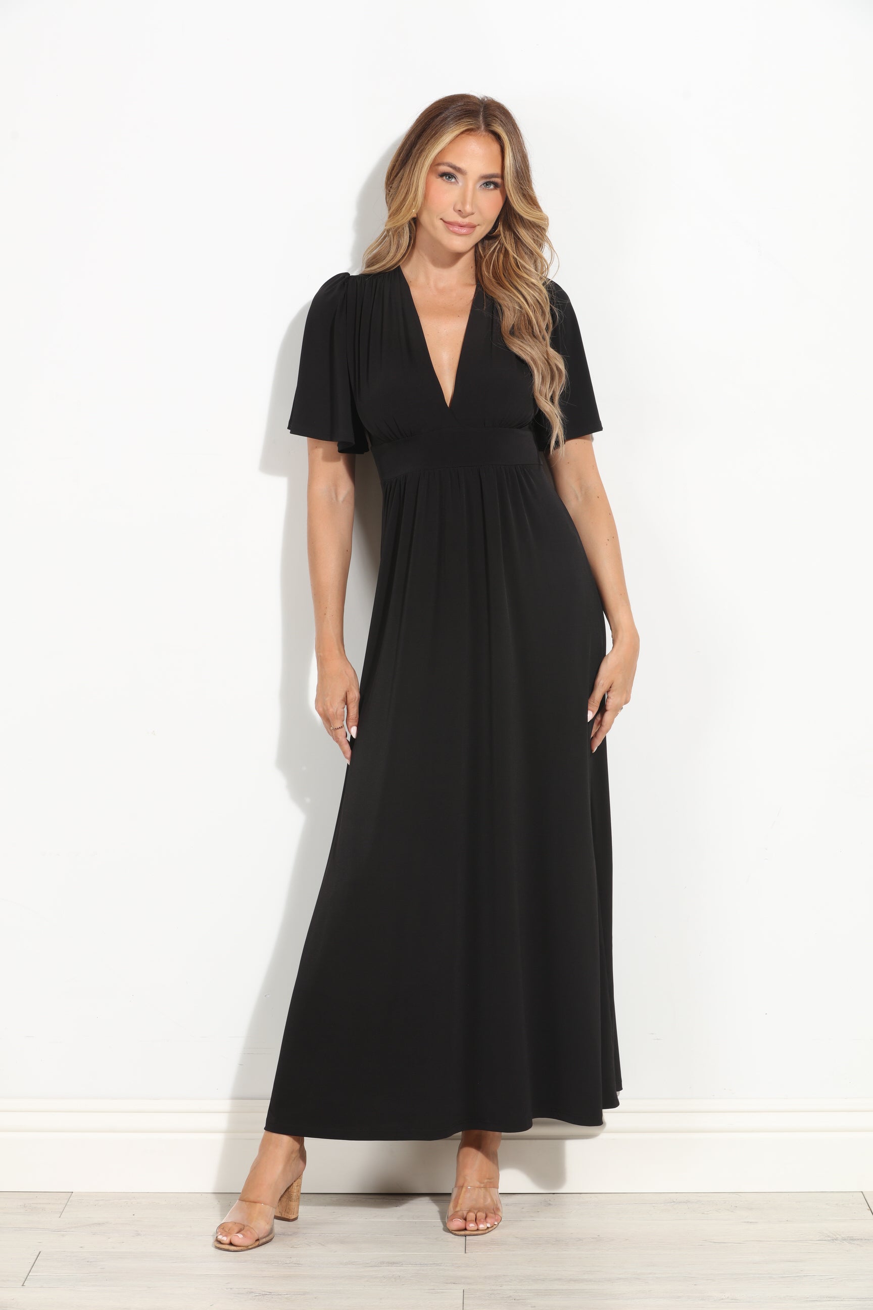 Black Stretch Deep V Flutter Sleeve Maxi Dress-BEST SELLER