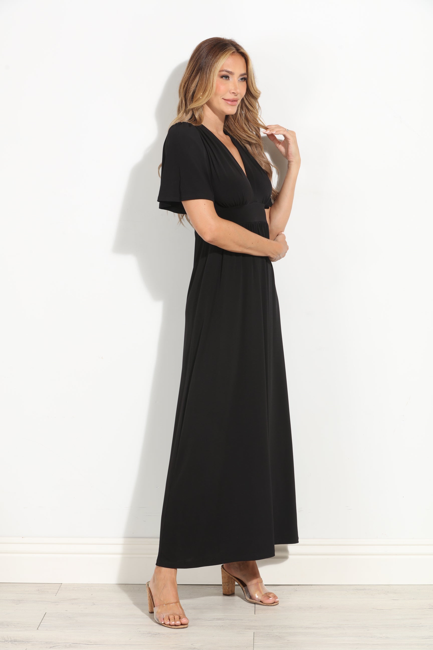 Black Stretch Deep V Flutter Sleeve Maxi Dress-BEST SELLER