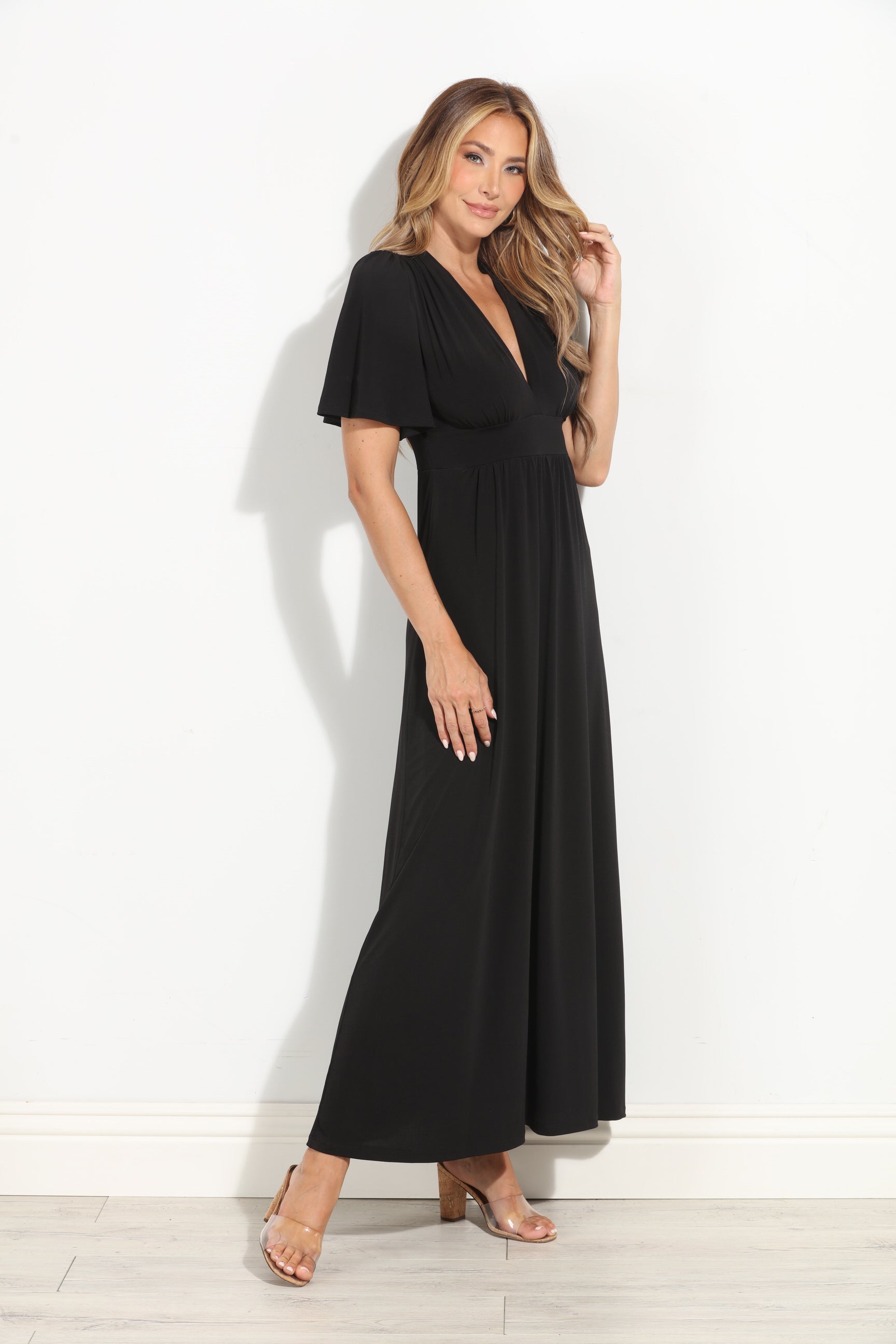 Black Stretch Deep V Flutter Sleeve Maxi Dress-BEST SELLER