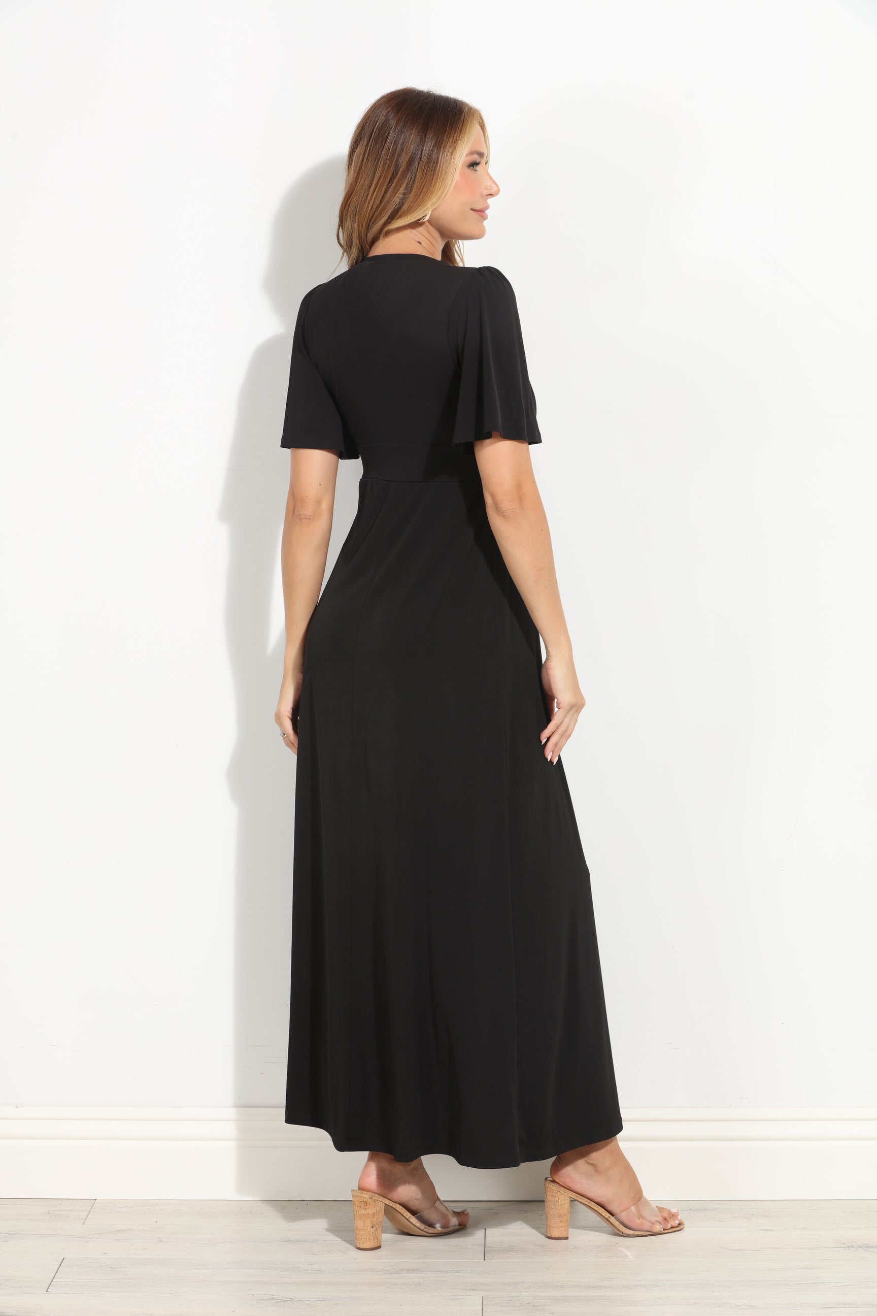 Black Stretch Deep V Flutter Sleeve Maxi Dress-BEST SELLER