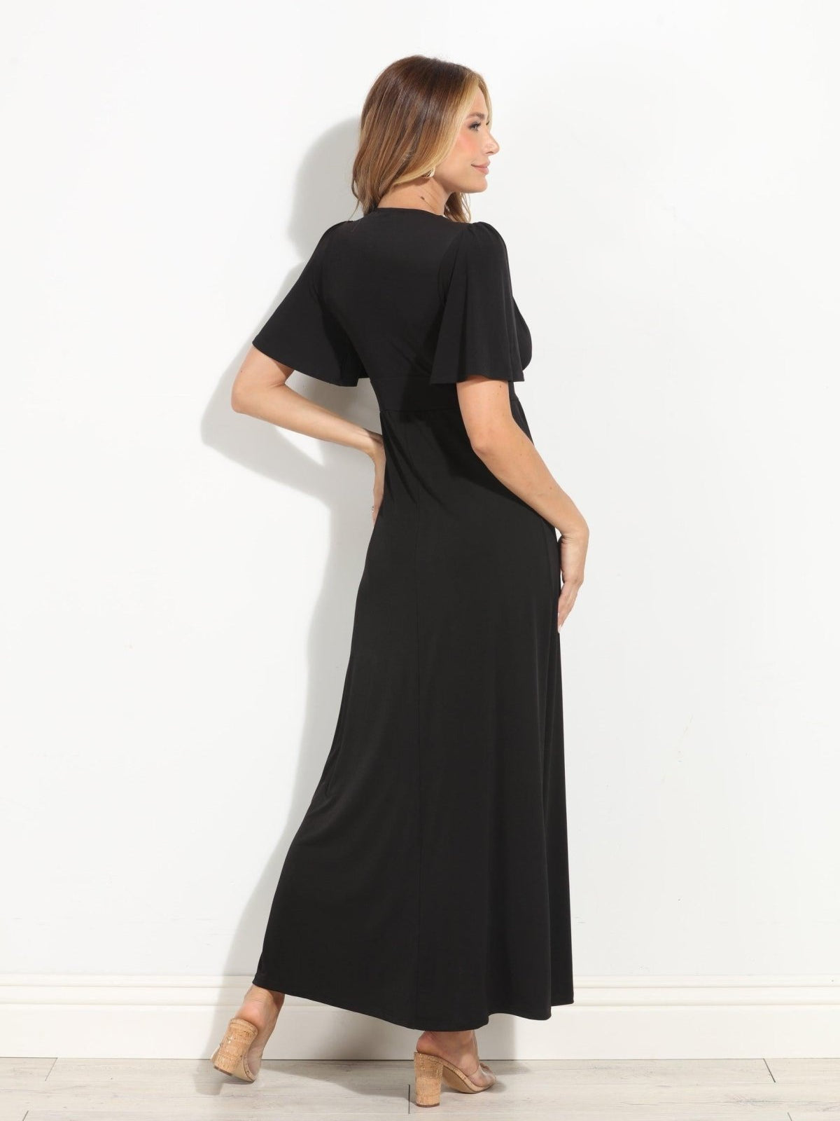 Black Stretch Deep V Flutter Sleeve Maxi Dress-BEST SELLER