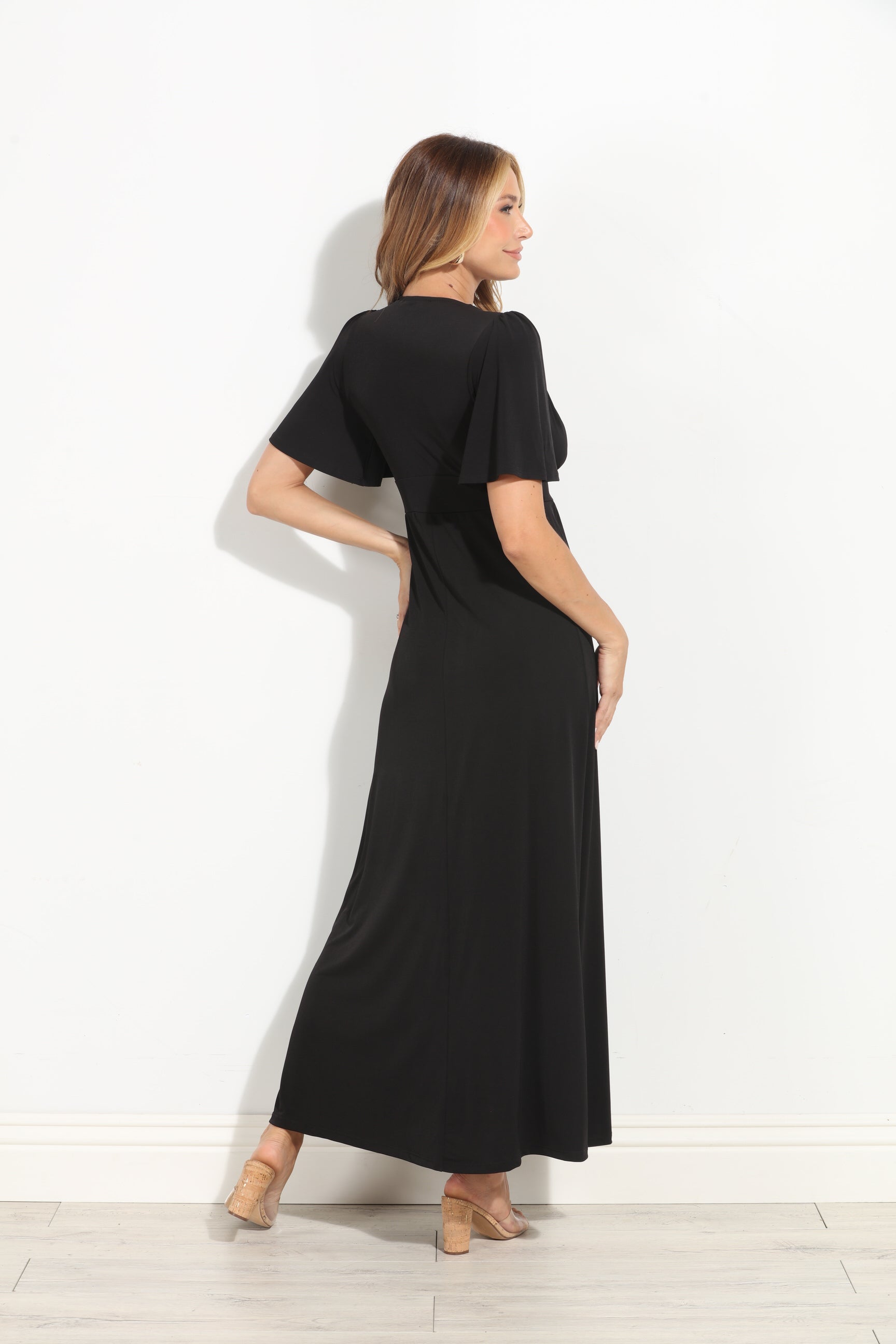 Black Stretch Deep V Flutter Sleeve Maxi Dress-BEST SELLER