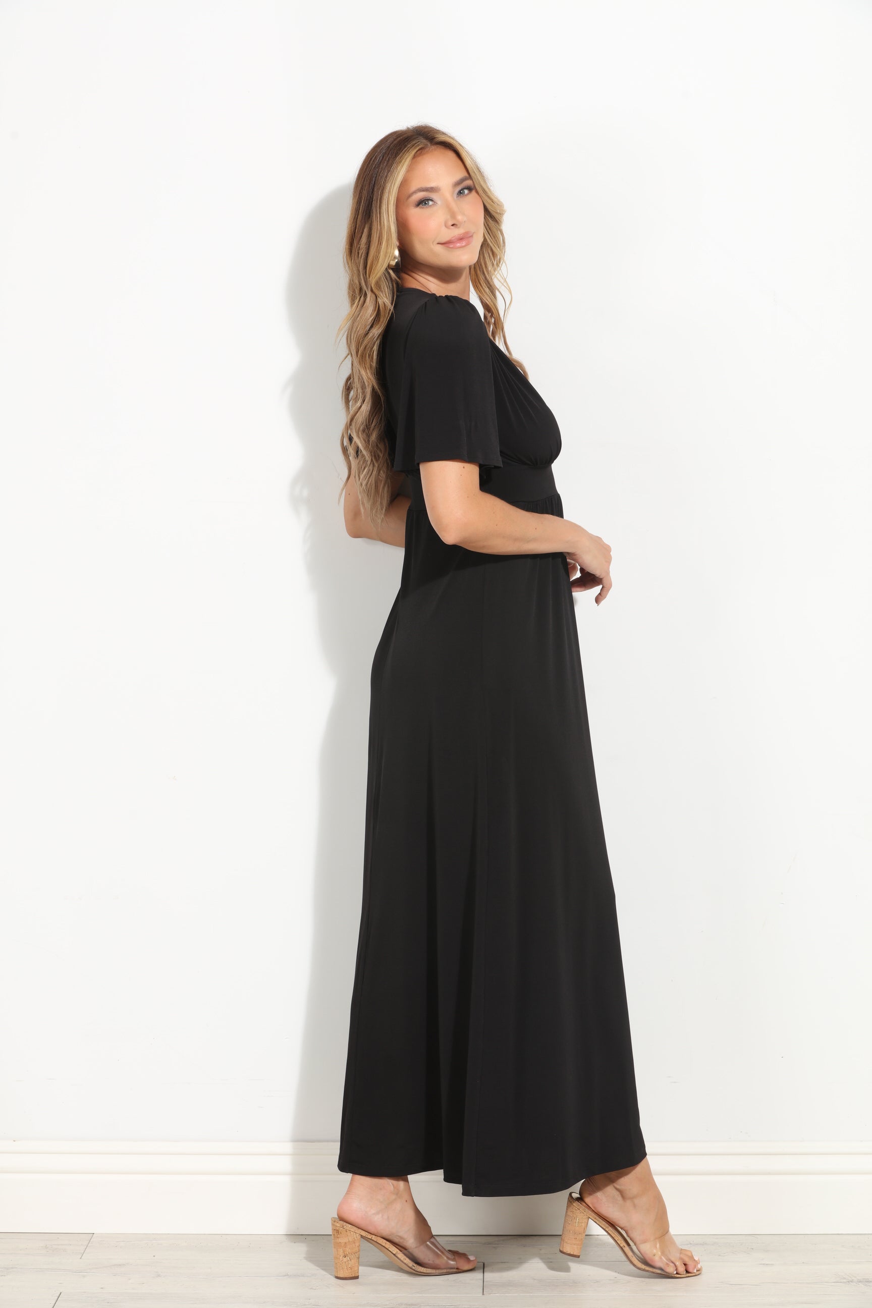 Black Stretch Deep V Flutter Sleeve Maxi Dress-BEST SELLER