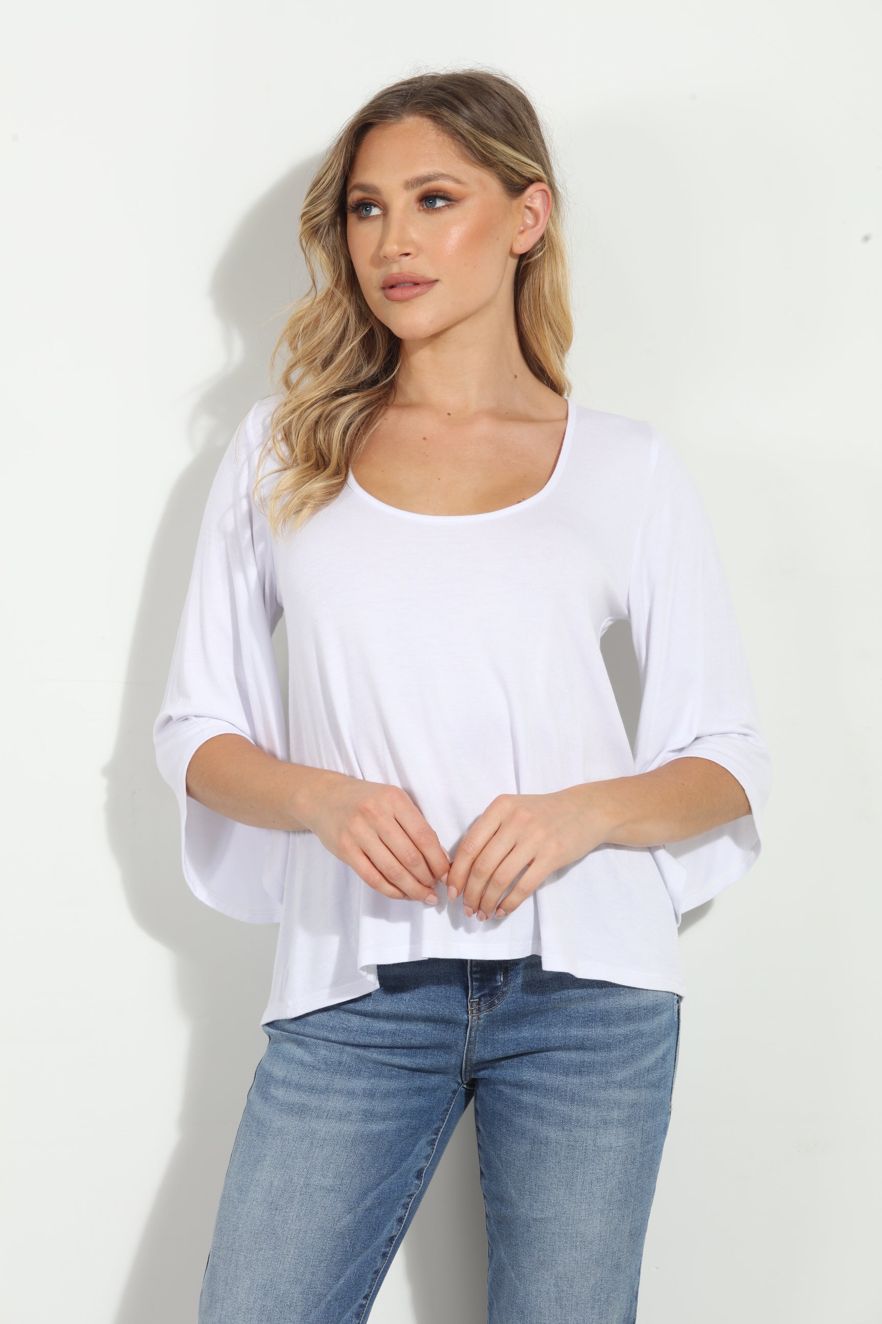 White Jersey Bell Sleeve Top