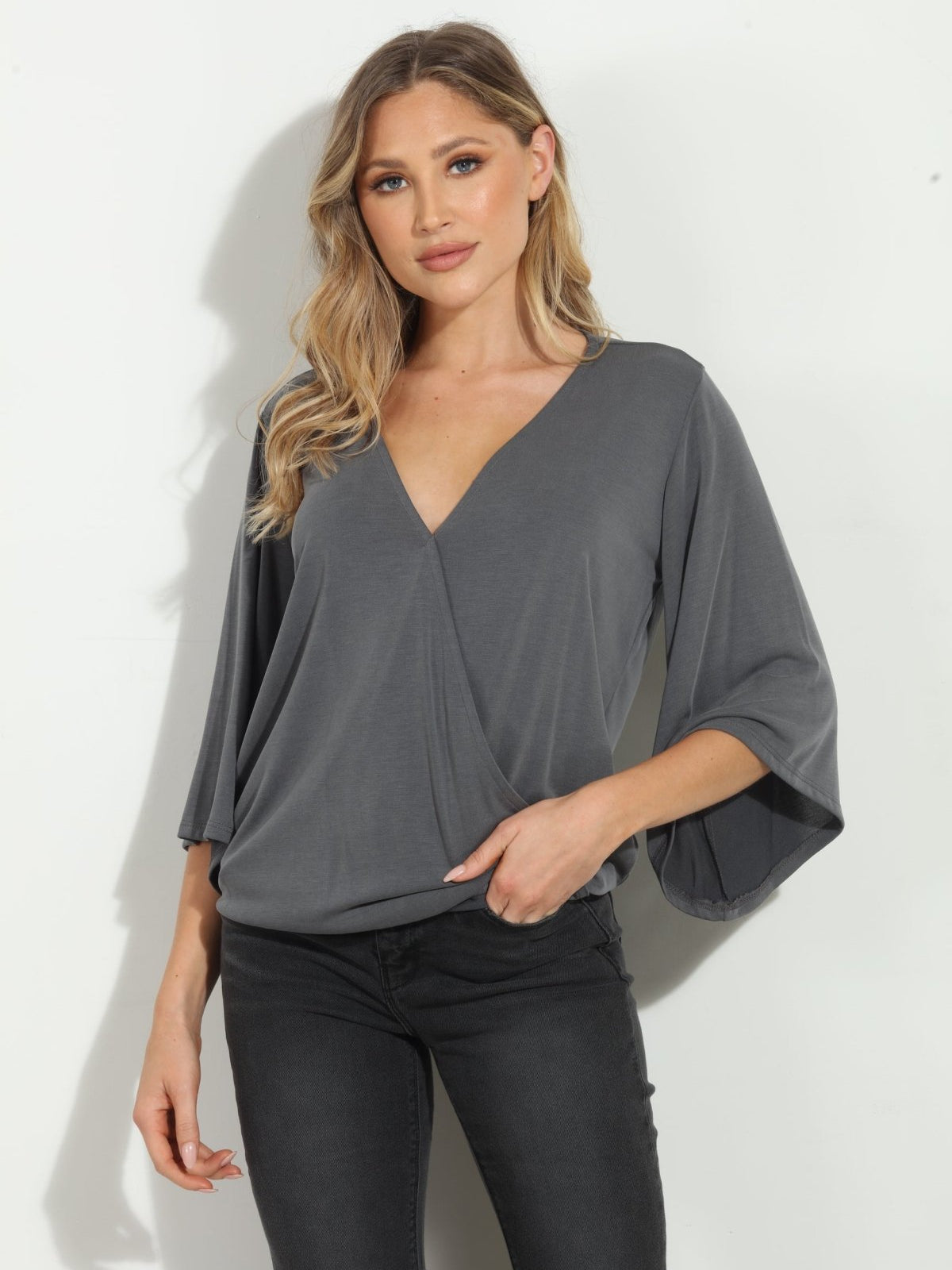 Charcoal Cupro Surplice Top-BEST SELLER