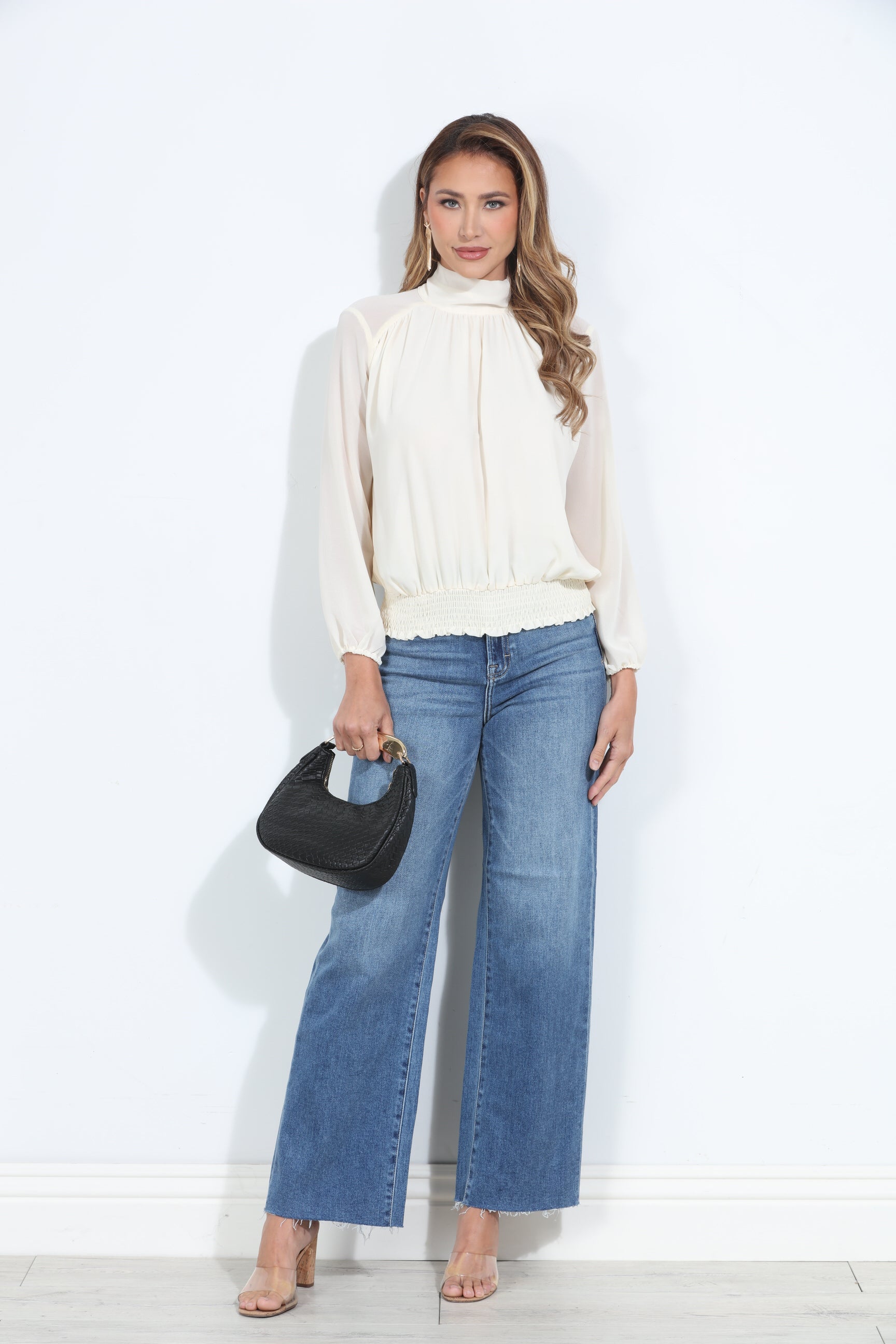 Oyster Chiffon Mock Neck Blouse