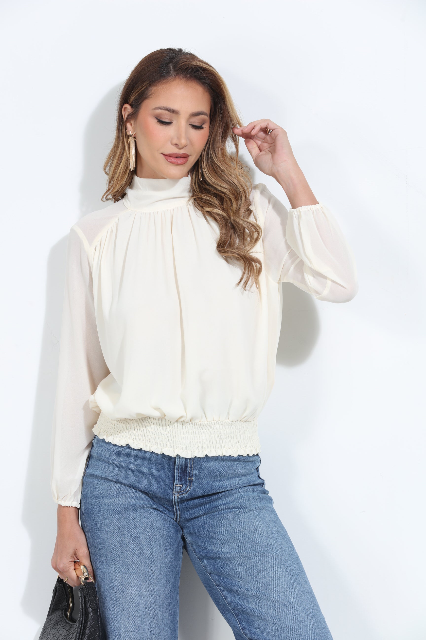 Oyster Chiffon Mock Neck Blouse