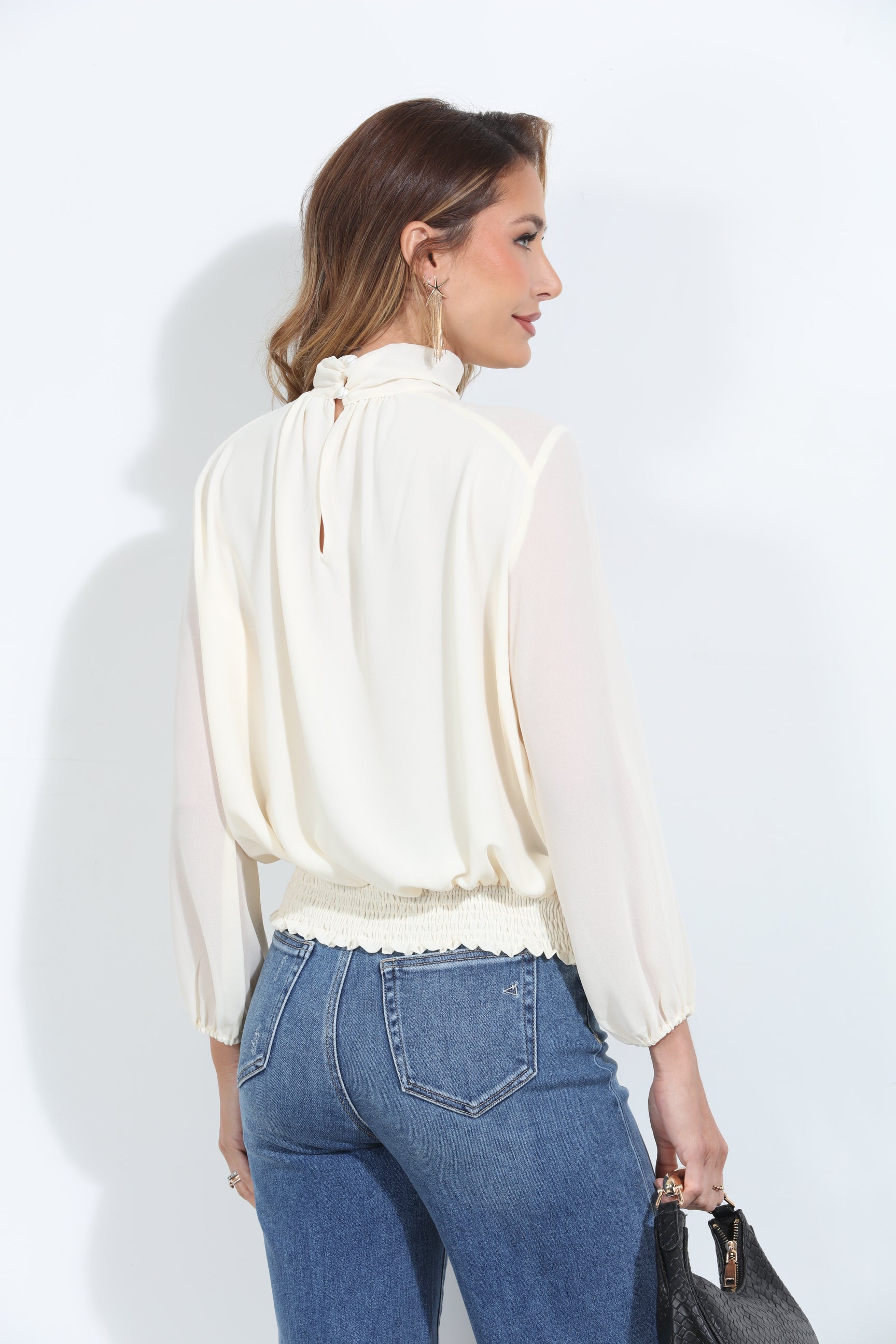 Oyster Chiffon Mock Neck Blouse