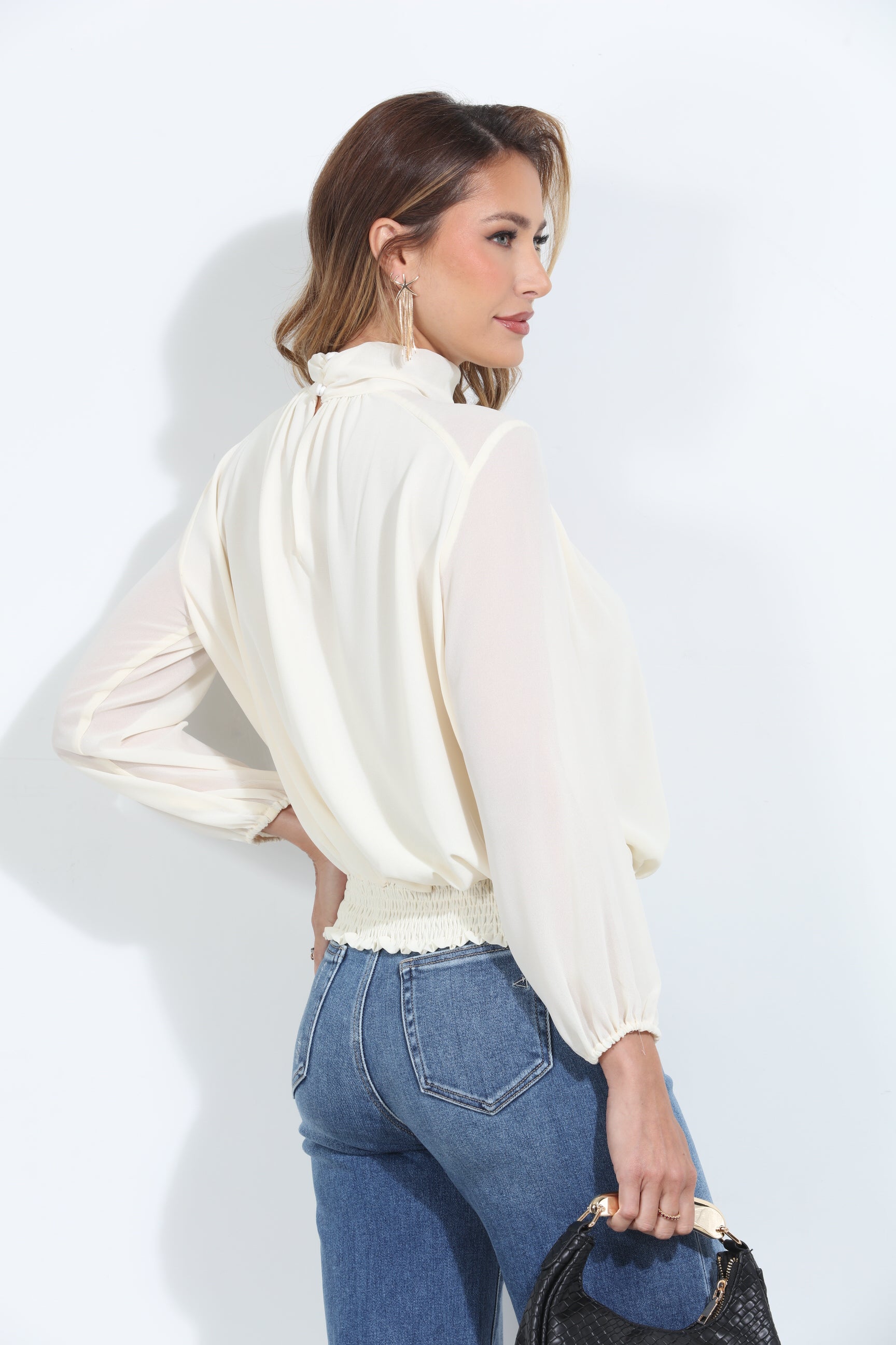 Oyster Chiffon Mock Neck Blouse