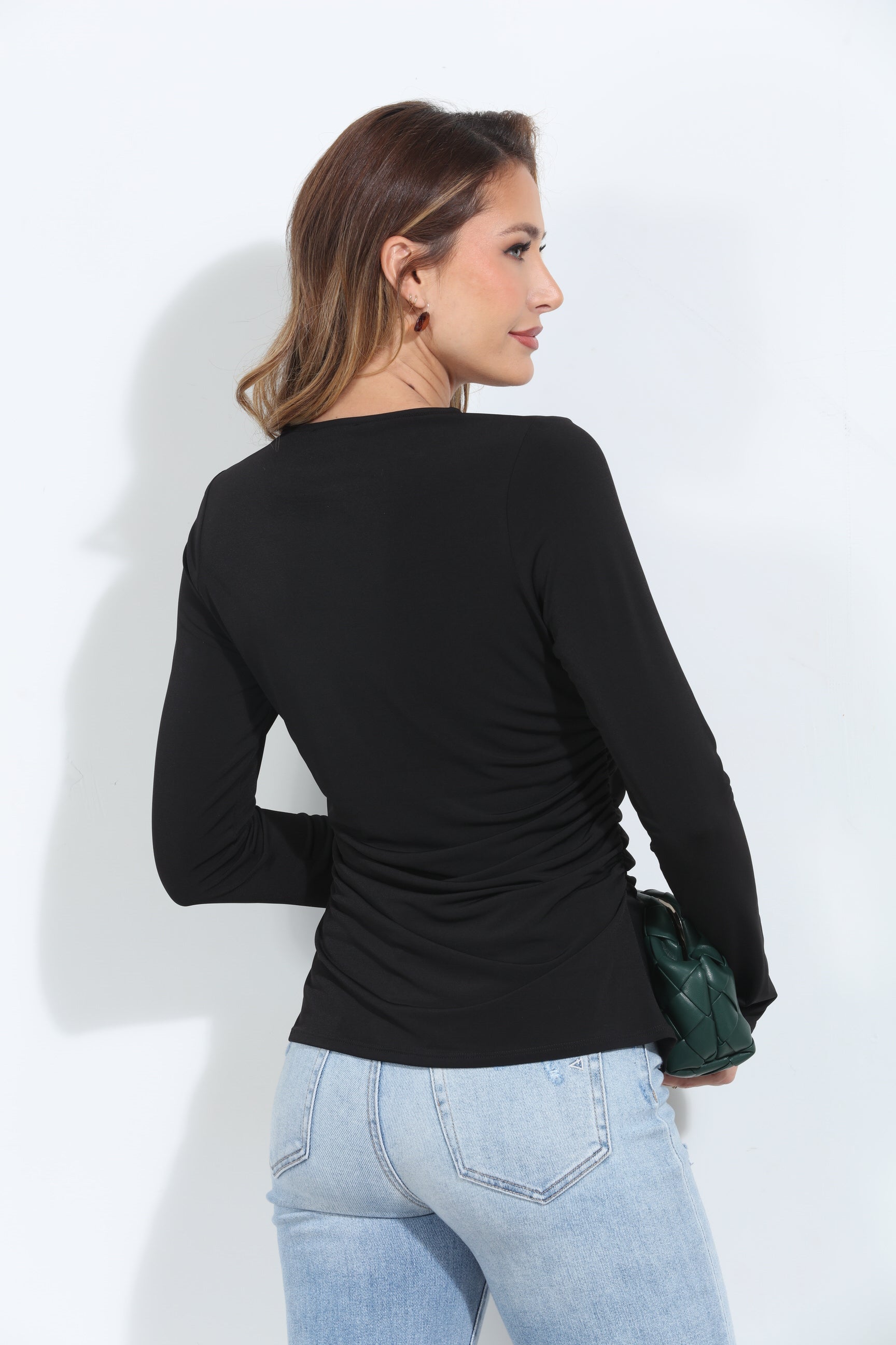 Black Stretch Keyhole Shirred Top