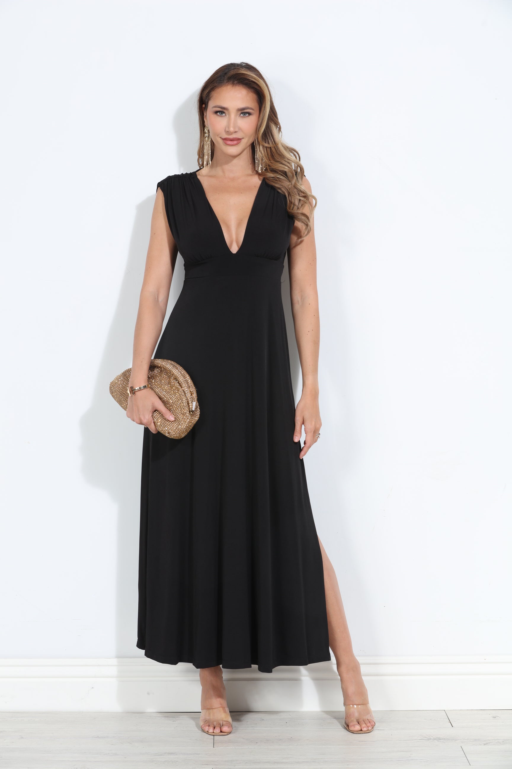 Black Stretch Deep V Maxi Dress-BEST SELLER